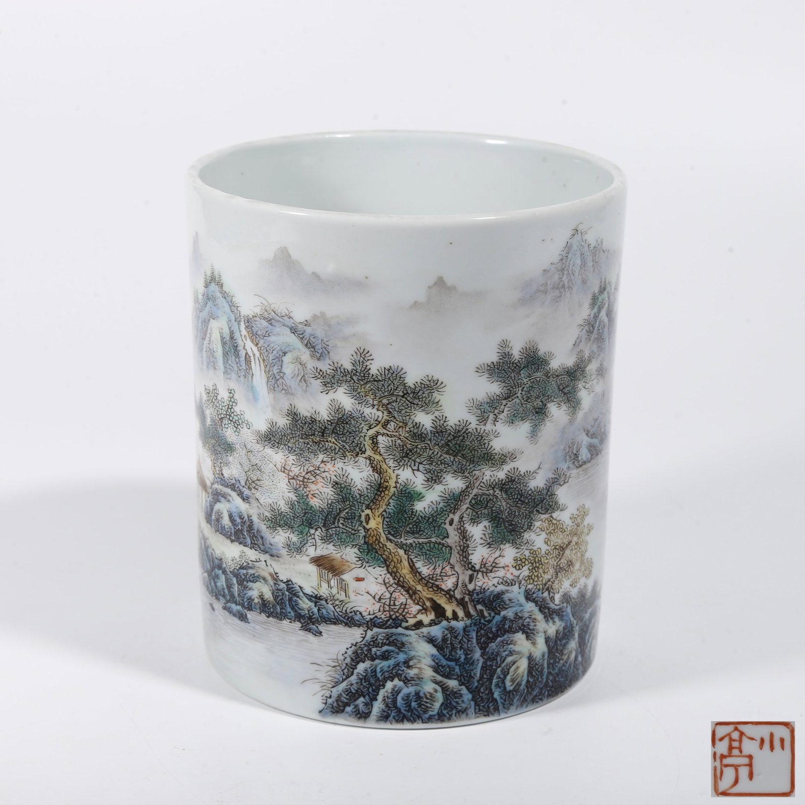 A FAMILLE ROSE BRUSH POT WITH LANDSCAPE PATTERNS (1 of 9)