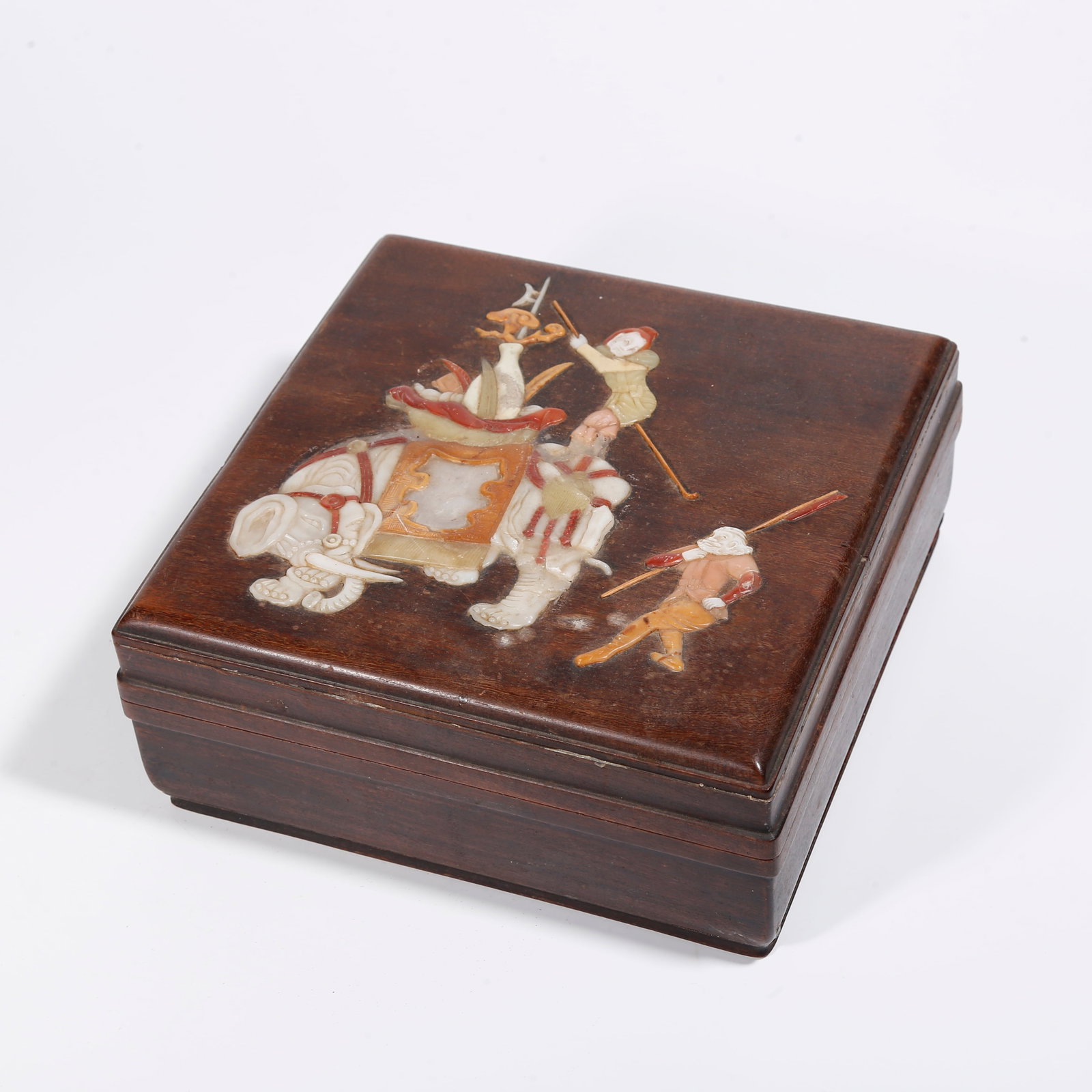 A HUANGHUALI WOOD LIDDED BOX WITH HUNDRED TREASURES INLAY DEPICTING FOREIGNERS PLAYING WITH (1 of 9)