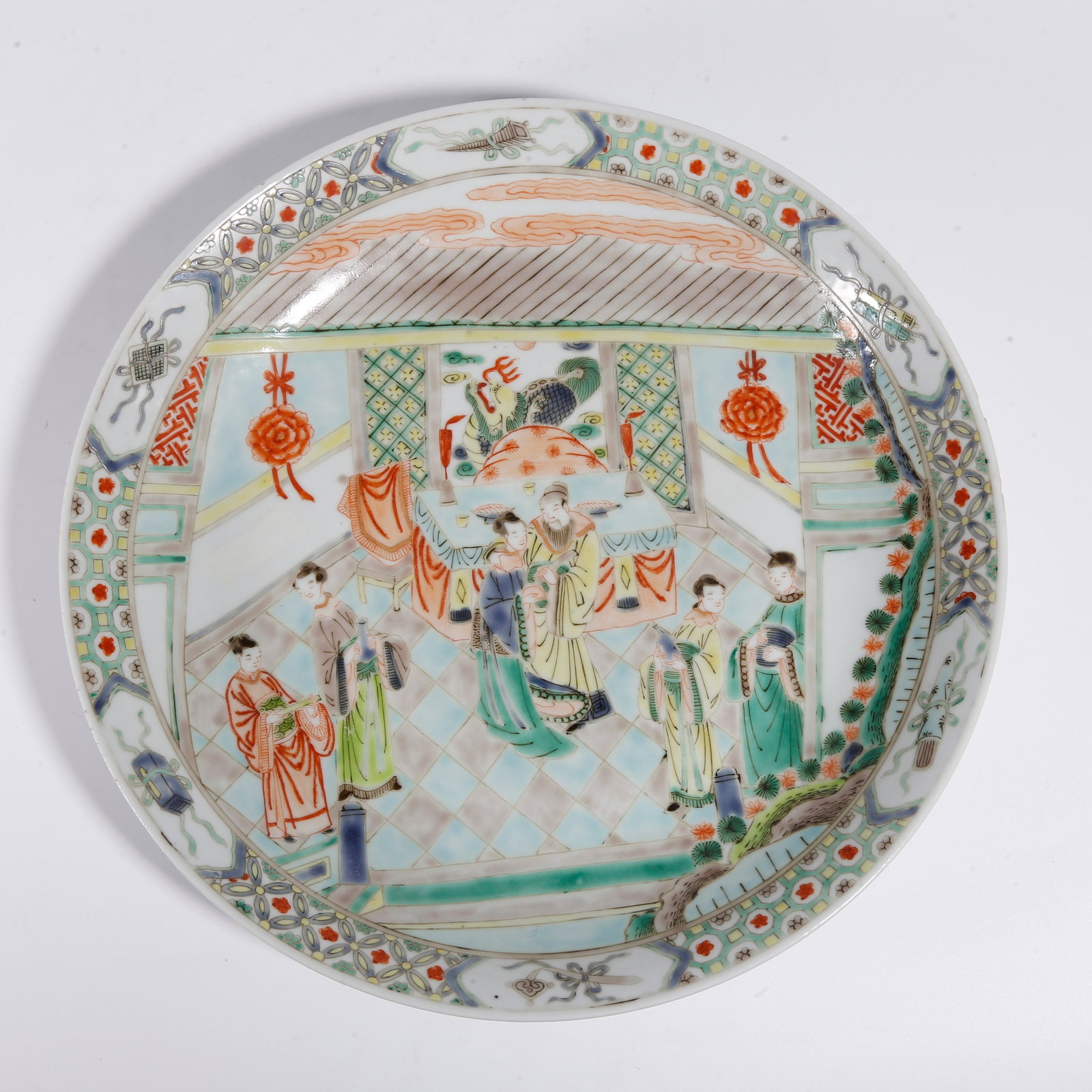 A WUCAI PLATE WITH NARRATIVE FIGURE SCENES: Wucai Plate with Narrative Figure Scenes