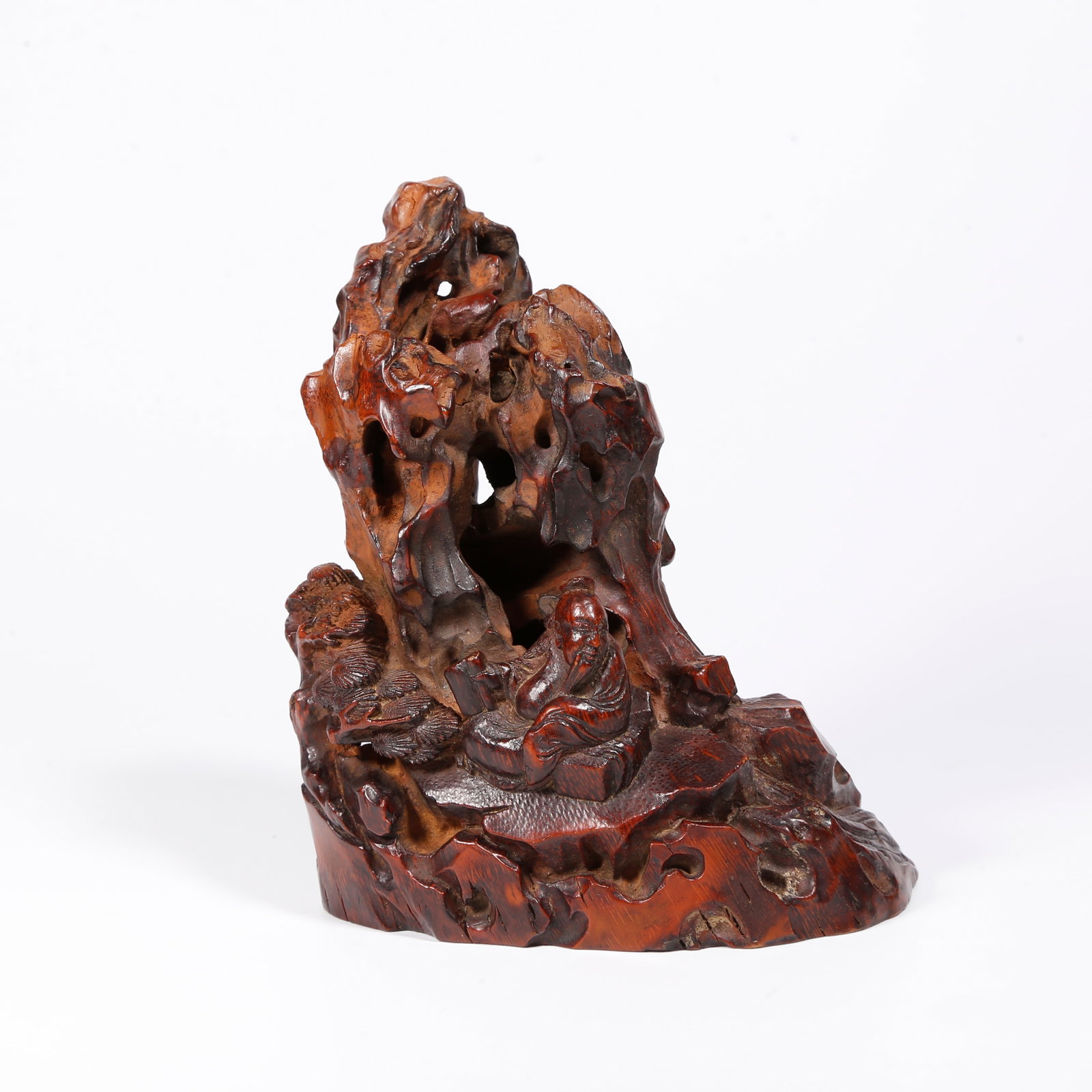 A BAMBOO ROOT CARVED ORNAMENT WITH SCHOLAR FIGURES: Bamboo Root Carved Ornament with Scholar Figures