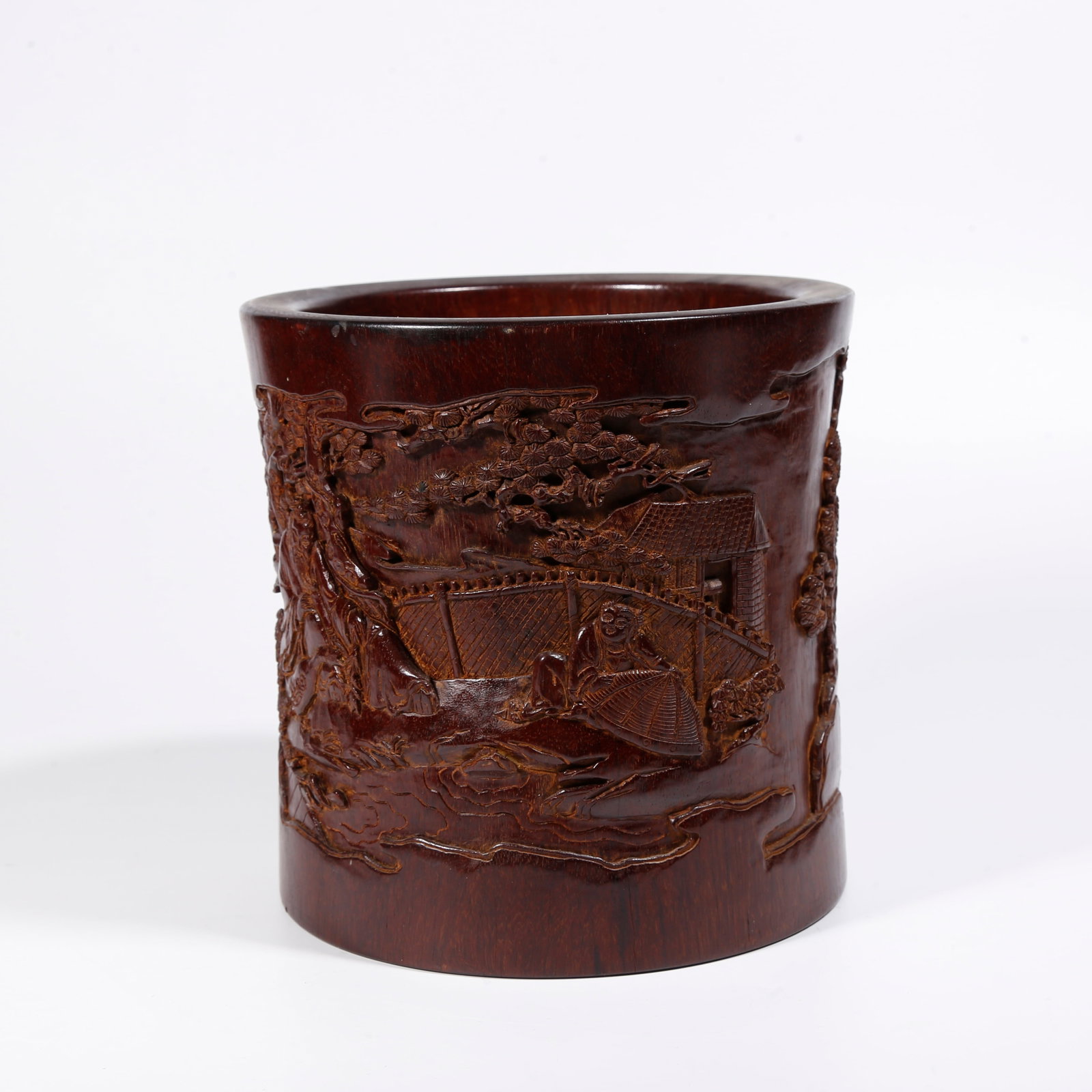 A RED SANDALWOOD BRUSH POT CARVED WITH LANDSCAPE PATTERNS (1 of 9)