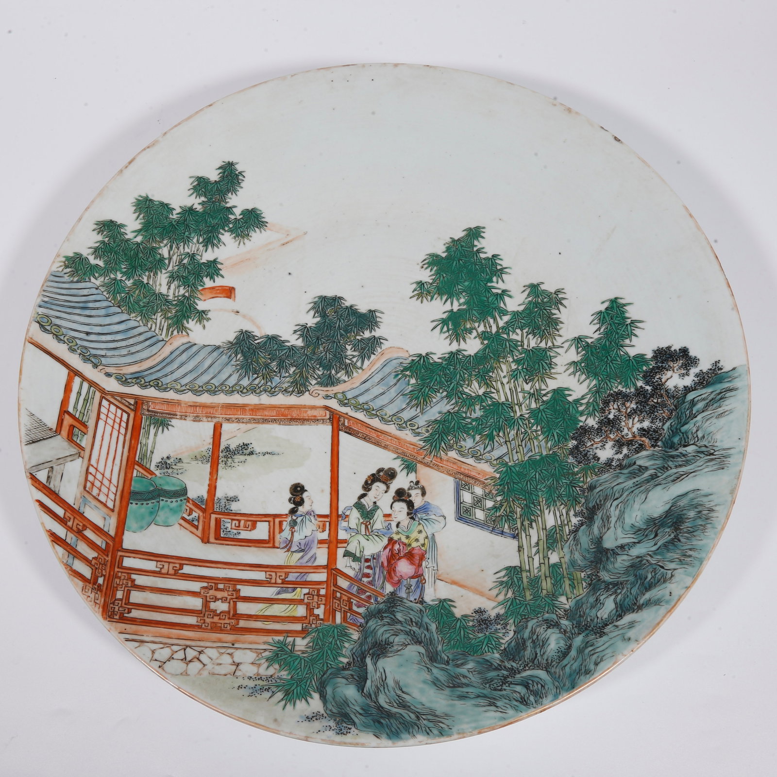 A WUCAI PLATE WITH NARRATIVE FIGURE SCENES: Wucai Plate with Narrative Figure Scenes