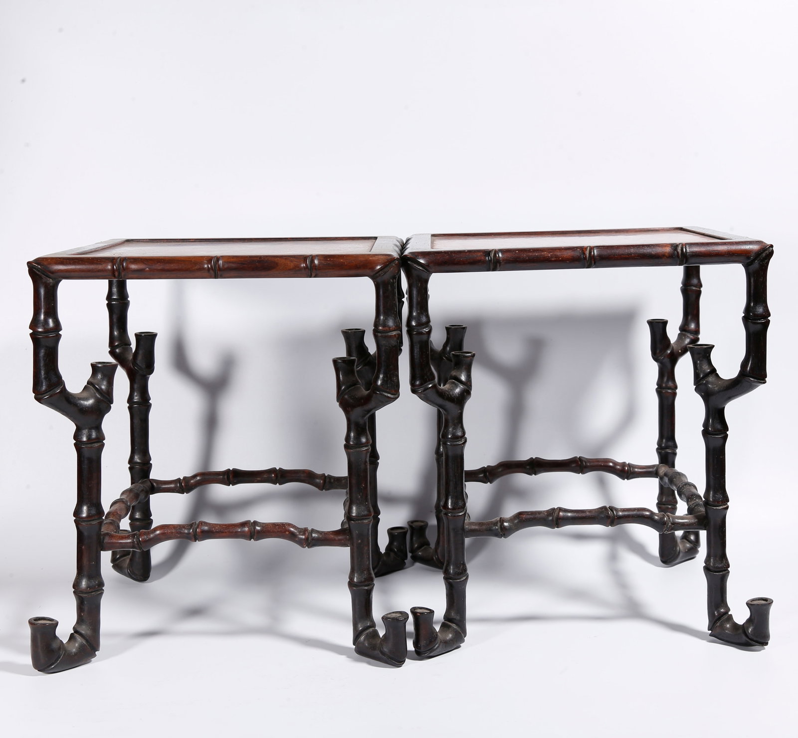 A PAIR OF REDWOOD TEA TABLES INLAID WITH BURL WOOD: Pair of Redwood Tea Tables Inlaid with Burl Wood