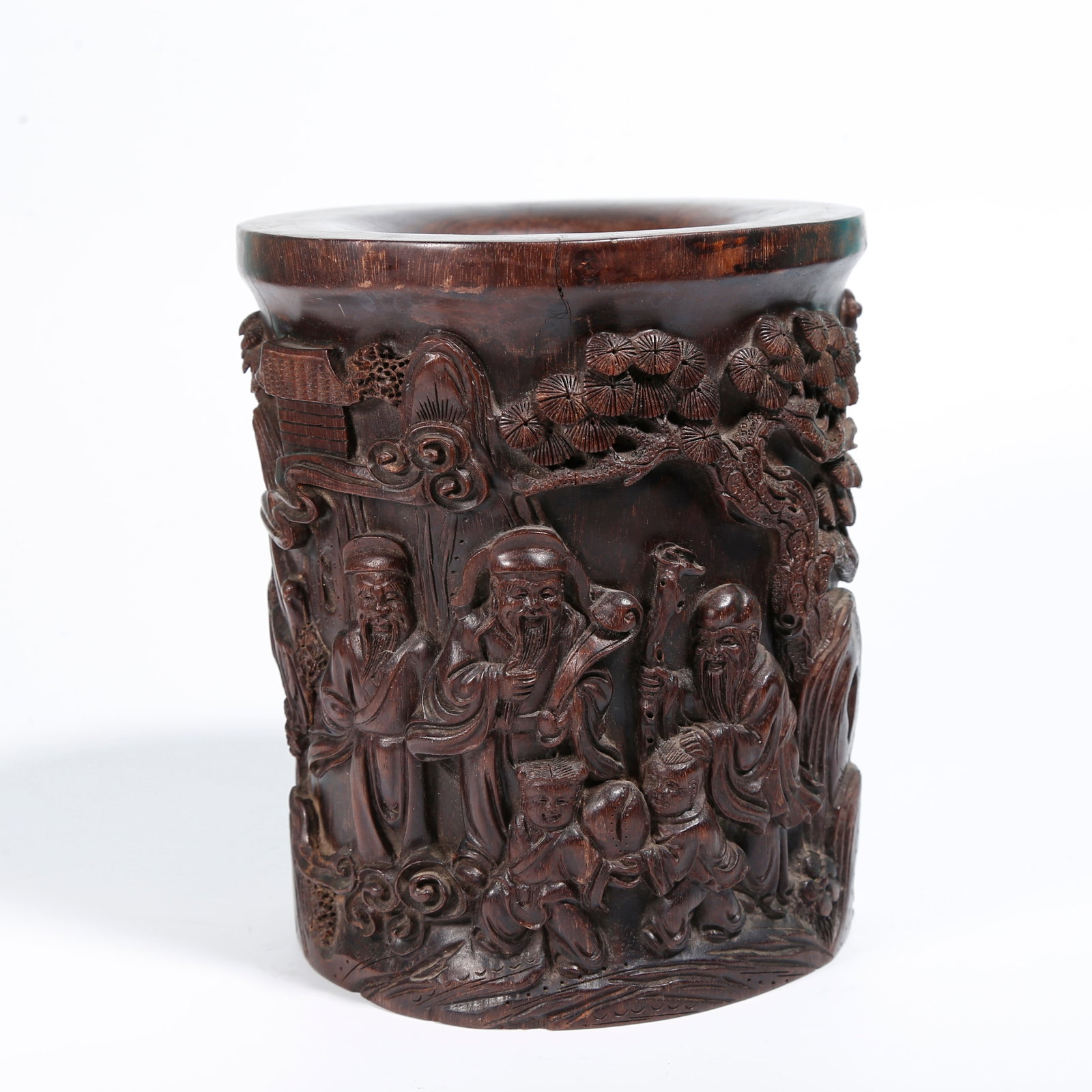 A RED SANDALWOOD BRUSH POT WITH FU LU SHOU PATTERNS: Red Sandalwood Brush Pot with Fu Lu Shou Patterns