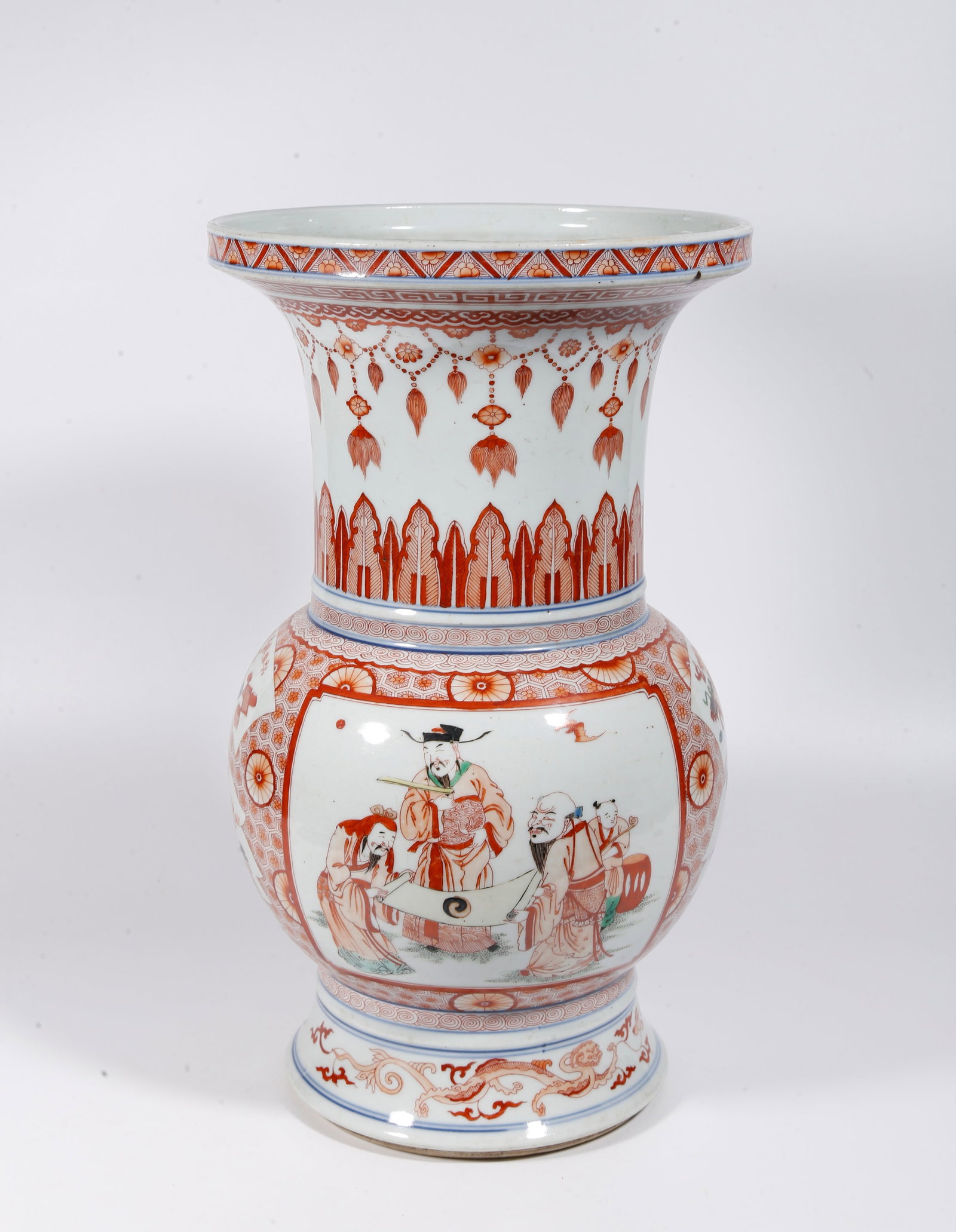 A WUCAI FLARED MOUTH VASE WITH FIGURE STORY MOTIFS: Wucai Flared Mouth Vase with Figure Story Motifs
