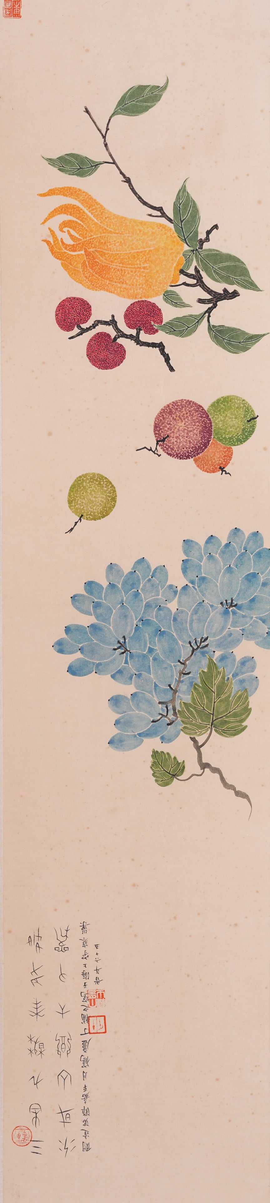 A MELON AND FRUIT PAINTING ON PAPER MOUNTED AS MIRROR HEART BY DING FUZHI.丁輔之: Melon and Fruit Painting on Paper Mounted as Mirror Heart by Ding Fuzhi.丁輔之