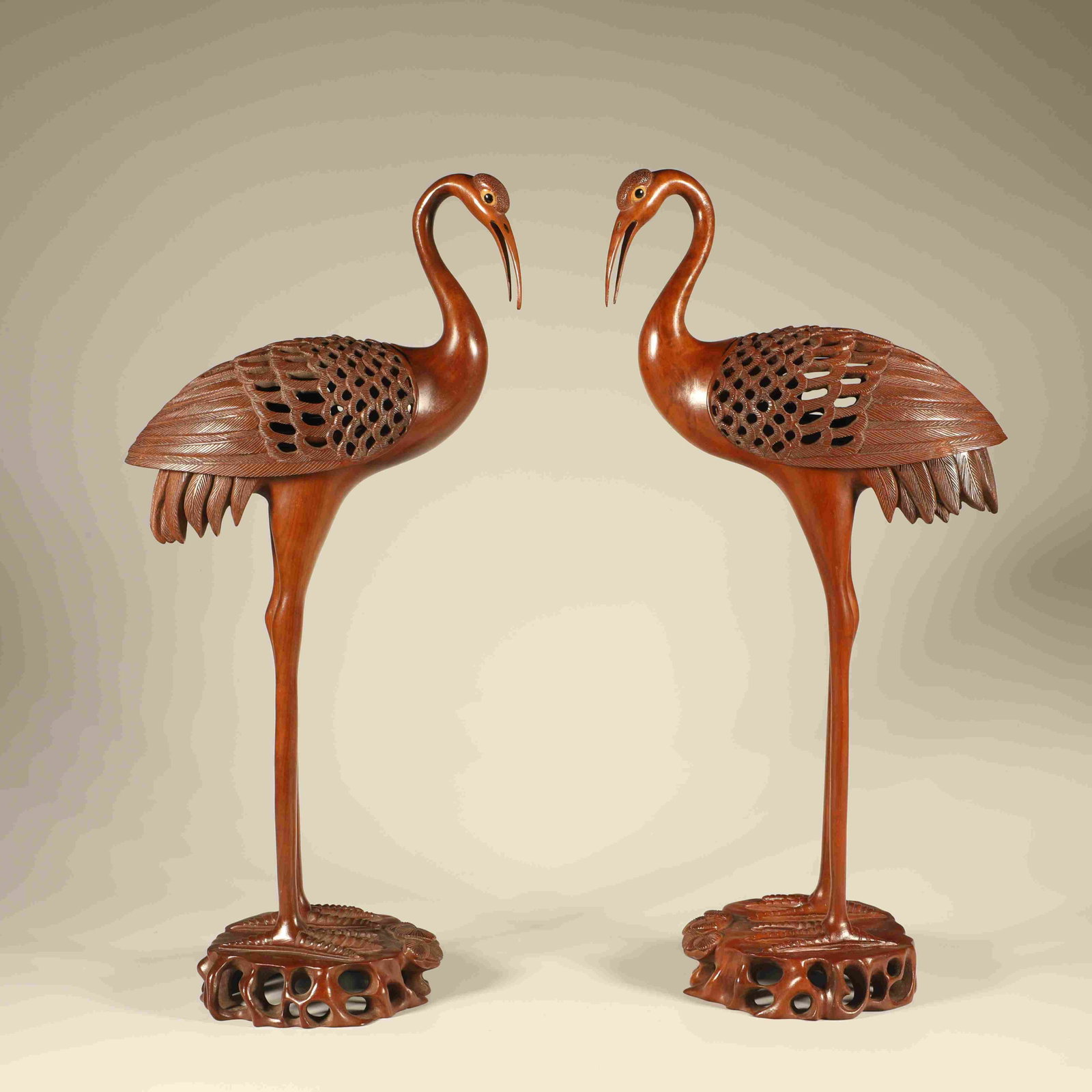 A PAIR OF BOXWOOD CARVED CRANE INCENSE BURNERS: Pair of Boxwood Carved Crane Incense Burners