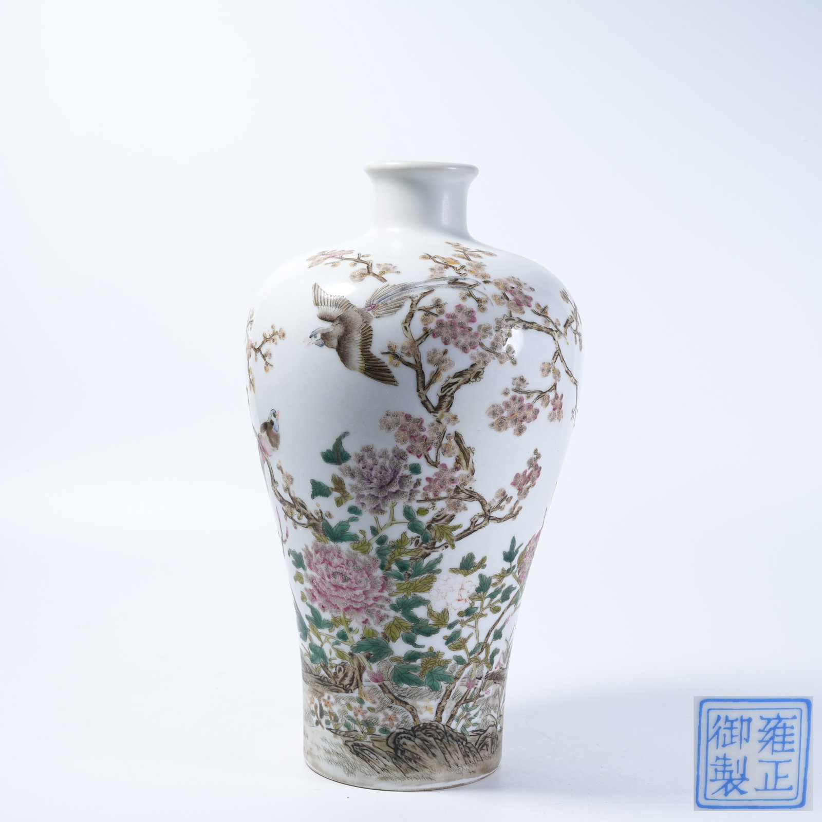A PLUM VASE WITH FAMILLE ROSE MAGPIE ON PLUM BLOSSOM PATTERNS: Plum Vase with Famille Rose Magpie on Plum Blossom Patterns