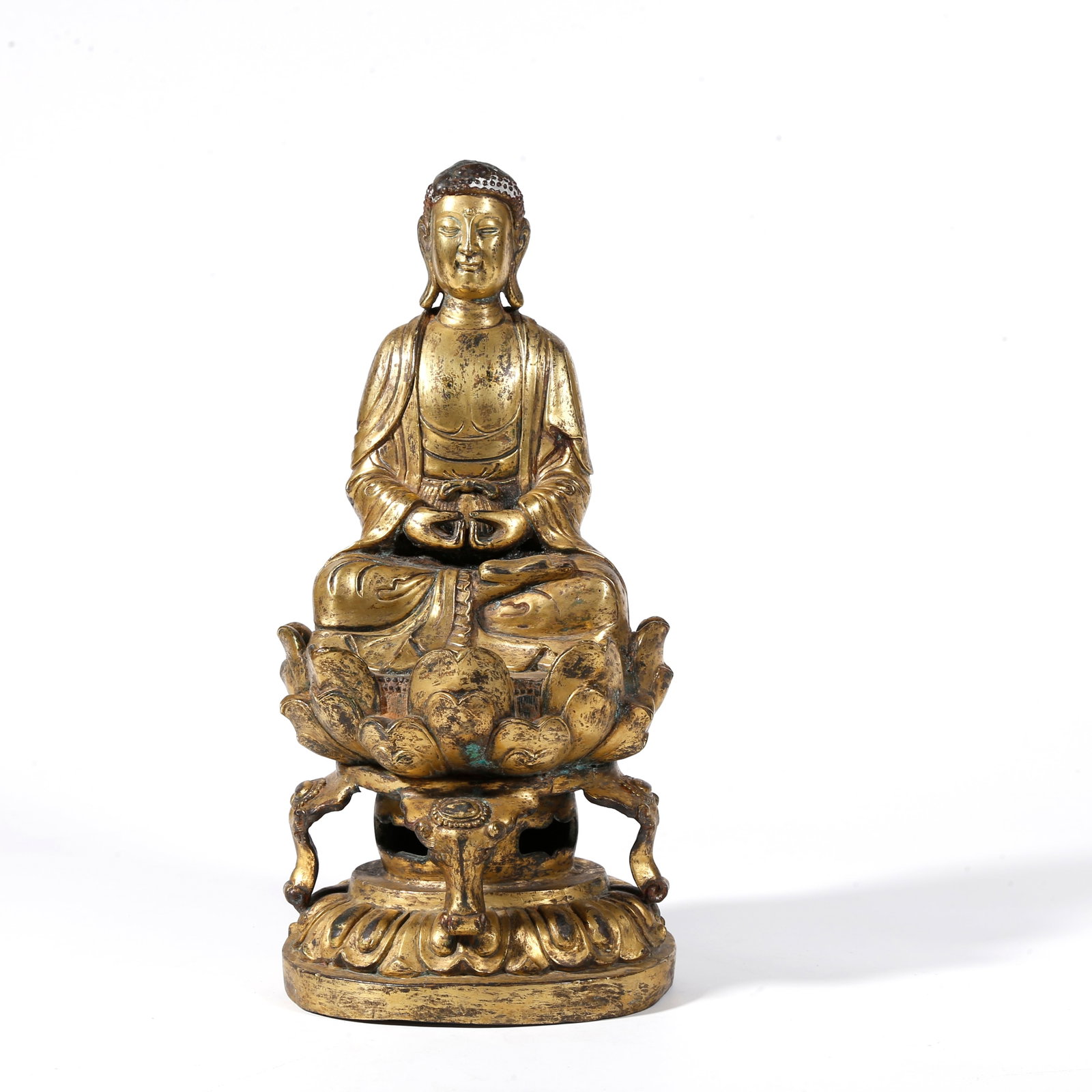 A GILT BRONZE STATUE OF SAKYAMUNI: Gilt Bronze Statue of Sakyamuni