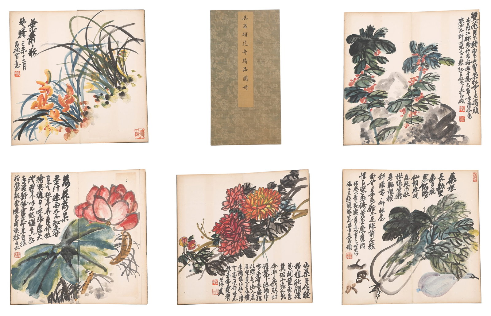 A FLOWER PAINTINGS ALBUM LEAVES ON PAPER BY WU CHANGSHUO (5 LEAVES).吳昌碩 (1 of 9)