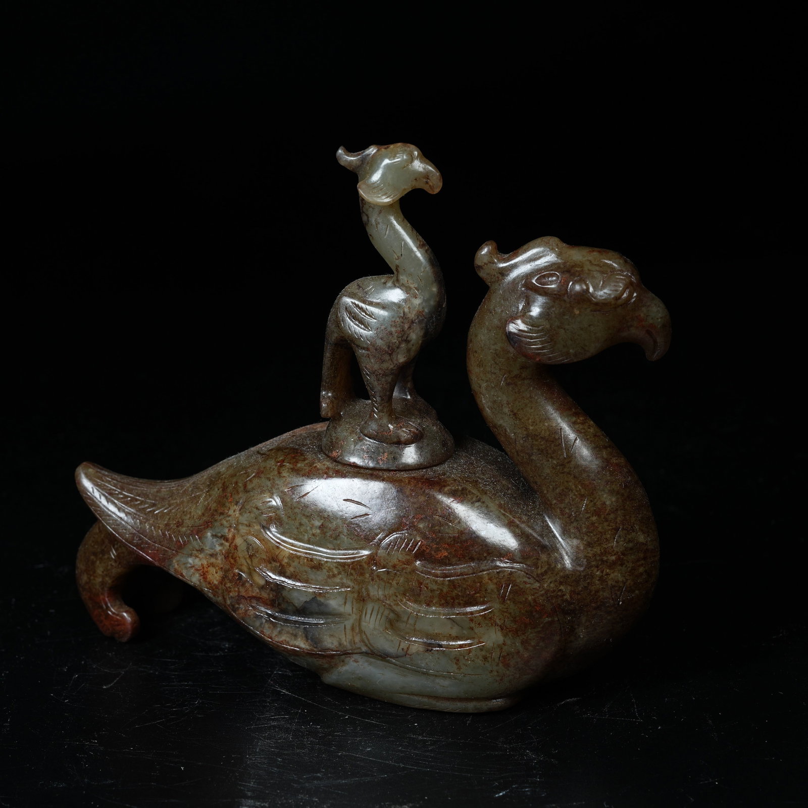 A ARCHAIC JADE INCENSE BURNER WITH PHOENIX KNOB: Archaic Jade Incense Burner with Phoenix Knob