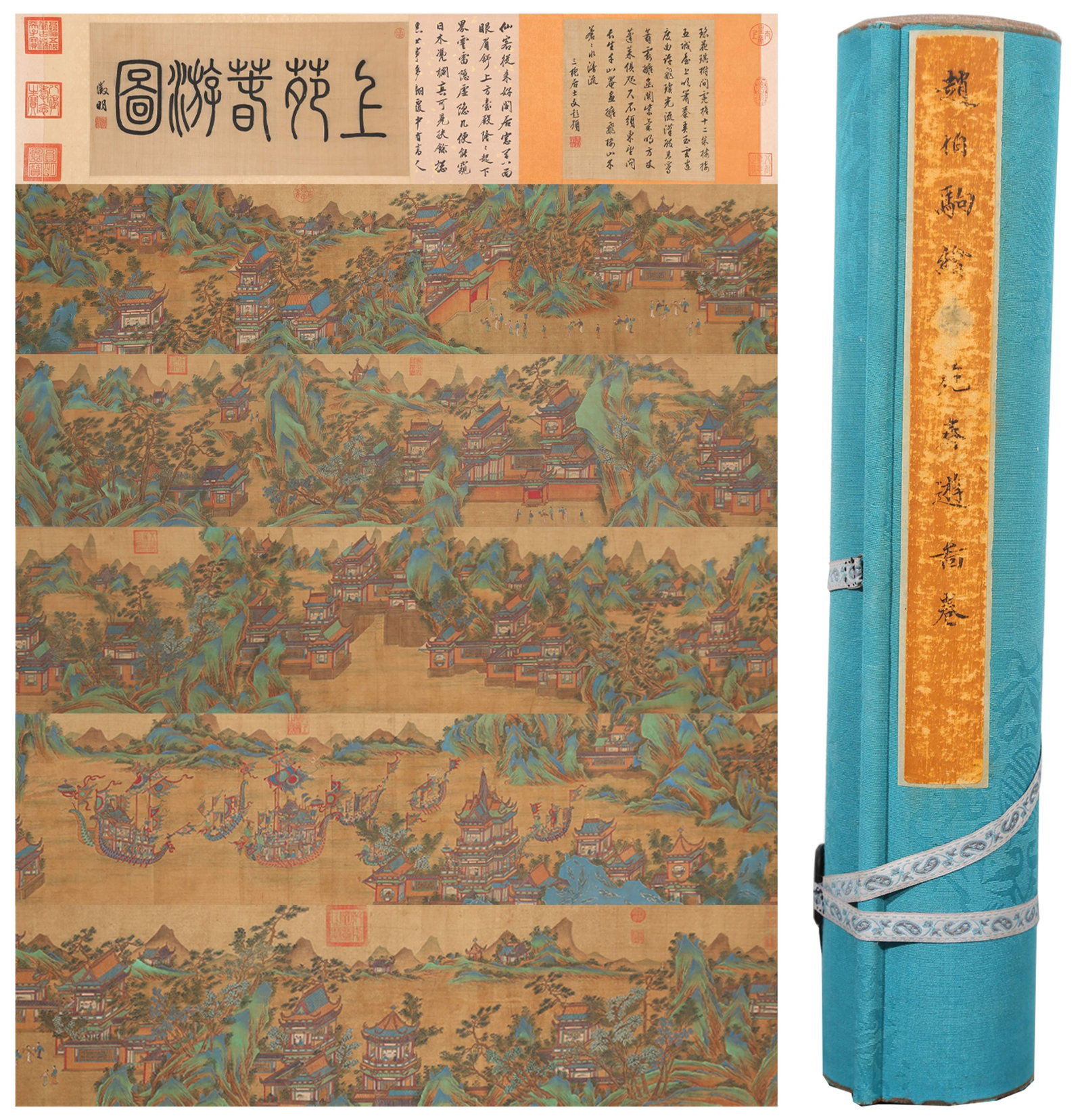 A HANDSCROLL OF SPRING OUTING IN IMPERIAL GARDEN PAINTING ON SILK BY ZHAO BOJU.趙伯: Handscroll of Spring Outing in Imperial Garden Painting on Silk by Zhao Boju.趙伯駒