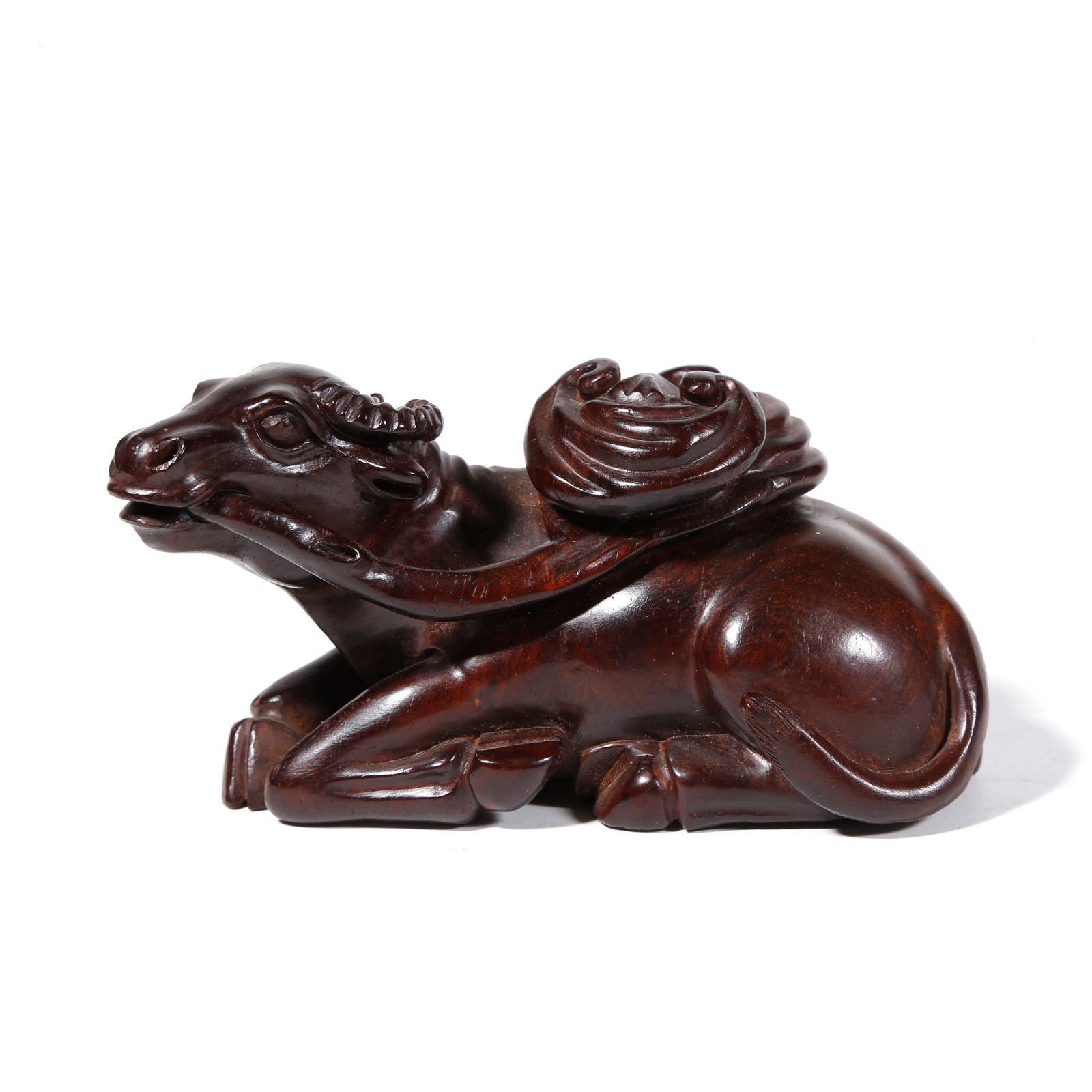 A RED SANDALWOOD CARVED BUFFALO HERDING ORNAMENT: Red Sandalwood Carved Buffalo Herding Ornament