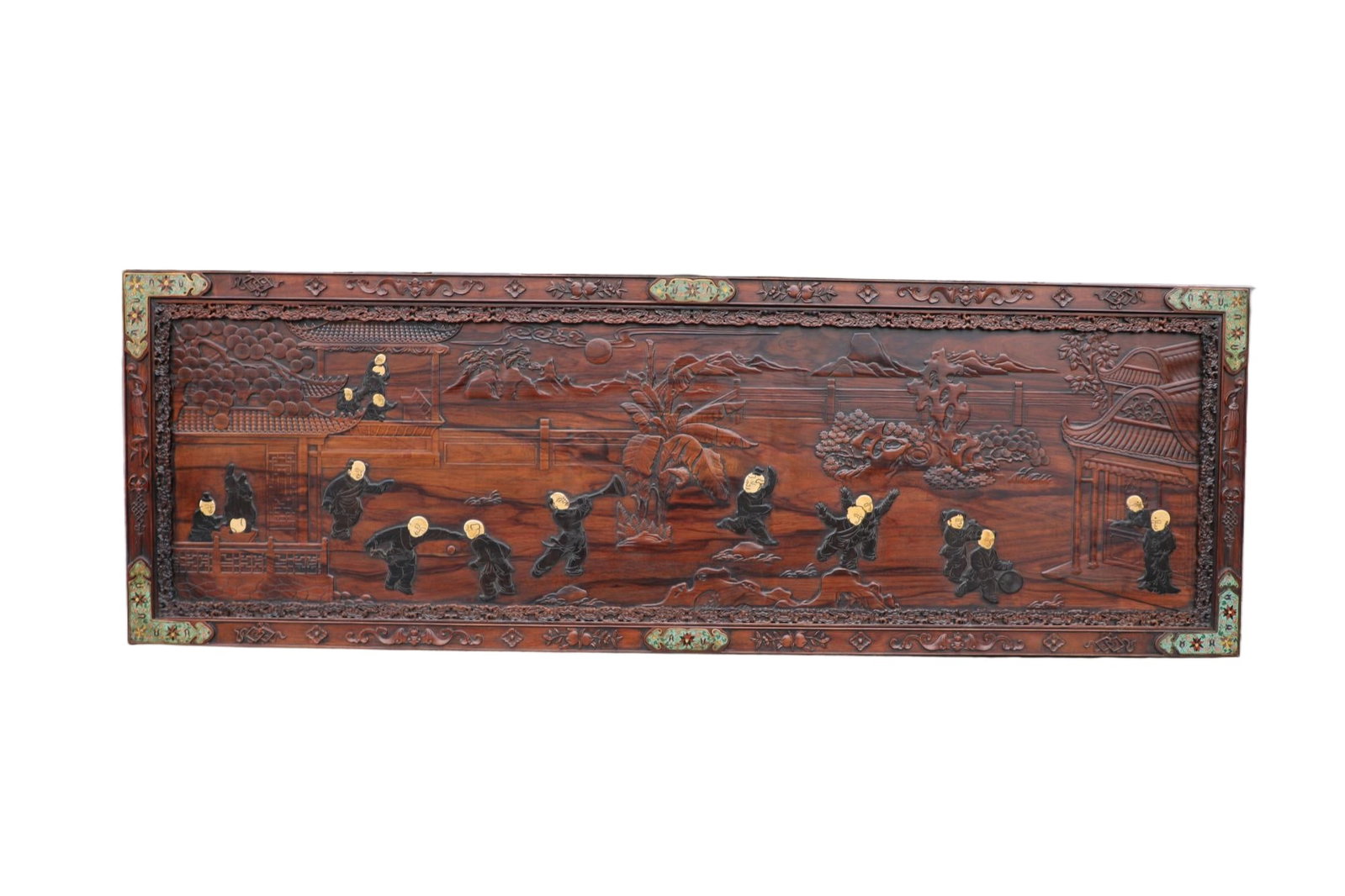 A HUANGHUALI WOOD HANGING SCREEN INLAID WITH ZITAN CARVED BOYS AT PLAY (1 of 6)