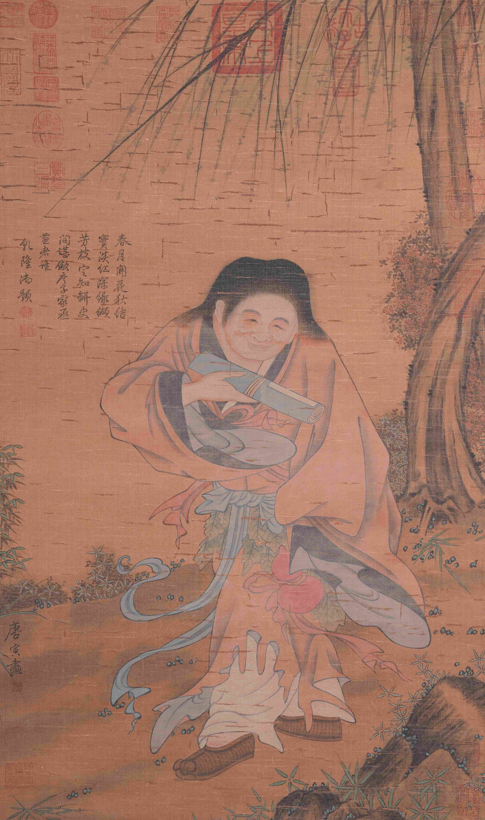 A FIGURE PAINTING ON SILK BY TANG BOHU.唐伯虎: Figure Painting on Silk by Tang Bohu.唐伯虎