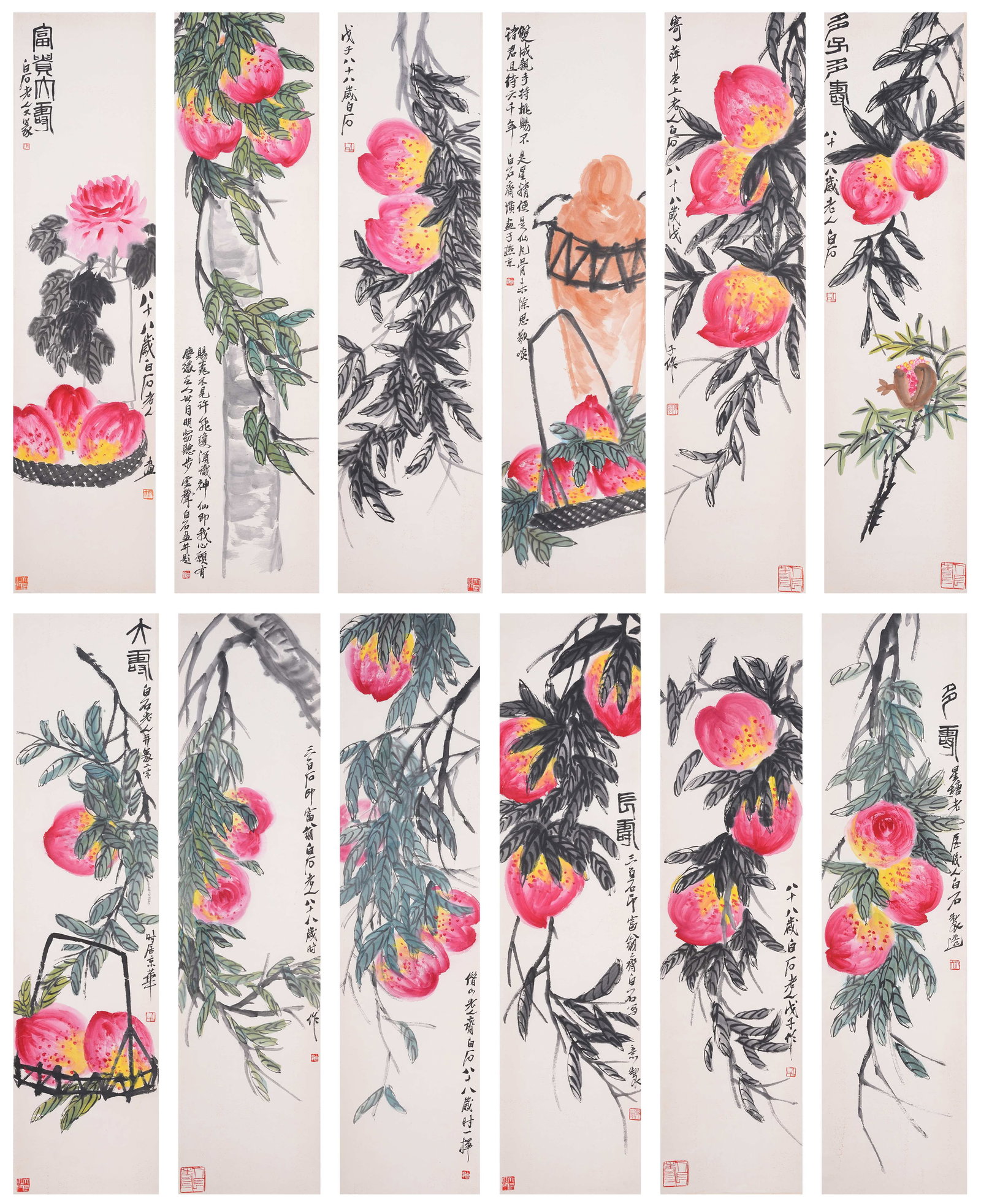 A LONGEVITY PEACH PAINTING ON PAPER BY QI BAISHI (TWELVE PIECES).齊白石: Longevity Peach Painting on Paper by Qi Baishi (Twelve Pieces).齊白石