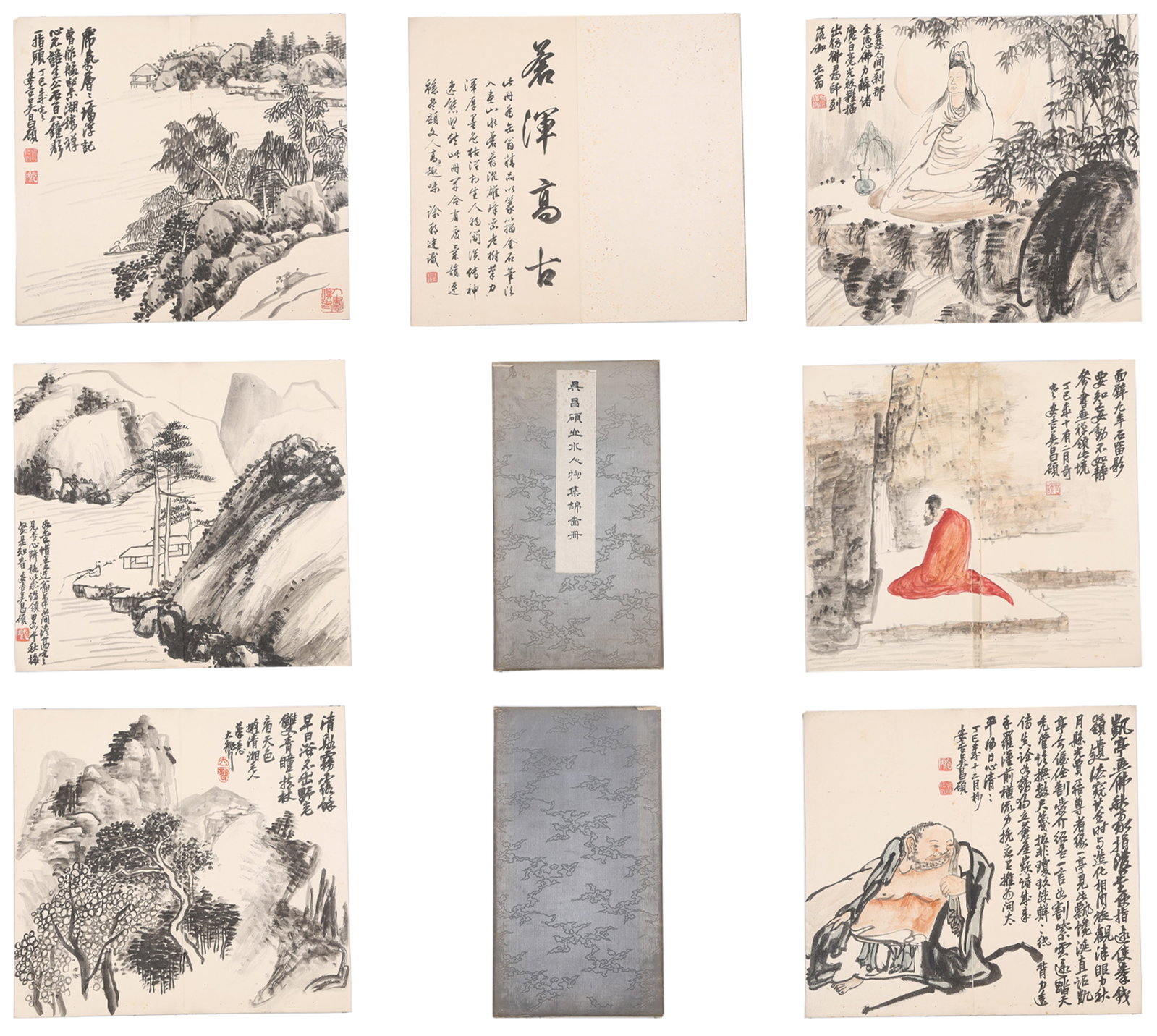 A LANDSCAPE AND FIGURE PAINTINGS ALBUM LEAVES ON PAPER BY WU CHANGSHUO (6 LEAVES).吳昌: Landscape and Figure Paintings Album Leaves on Paper by Wu Changshuo (6 leaves).吳昌碩