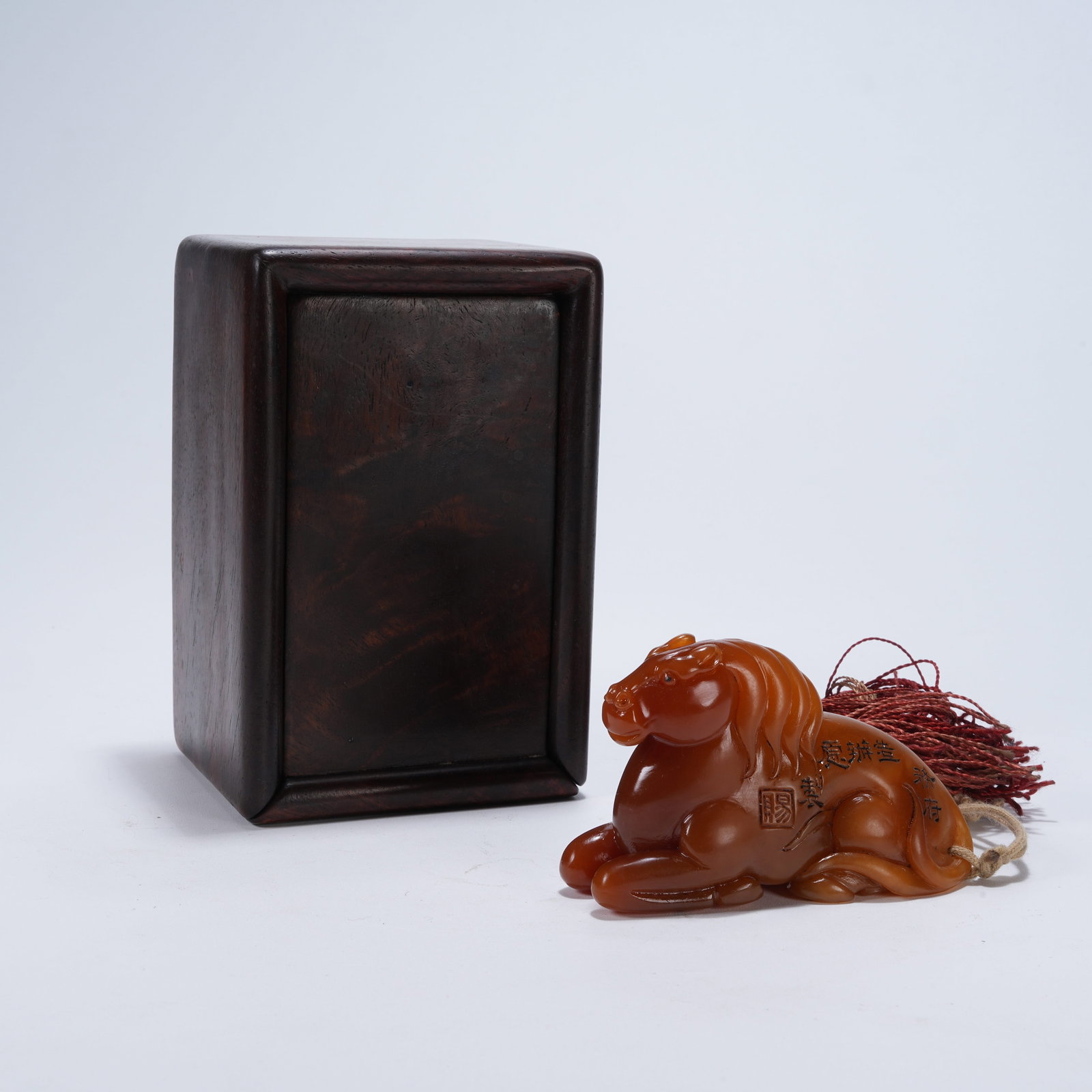 A SHOUSHAN STONE RECUMBENT HORSE HAND PIECE: Shoushan Stone Recumbent Horse Hand Piece