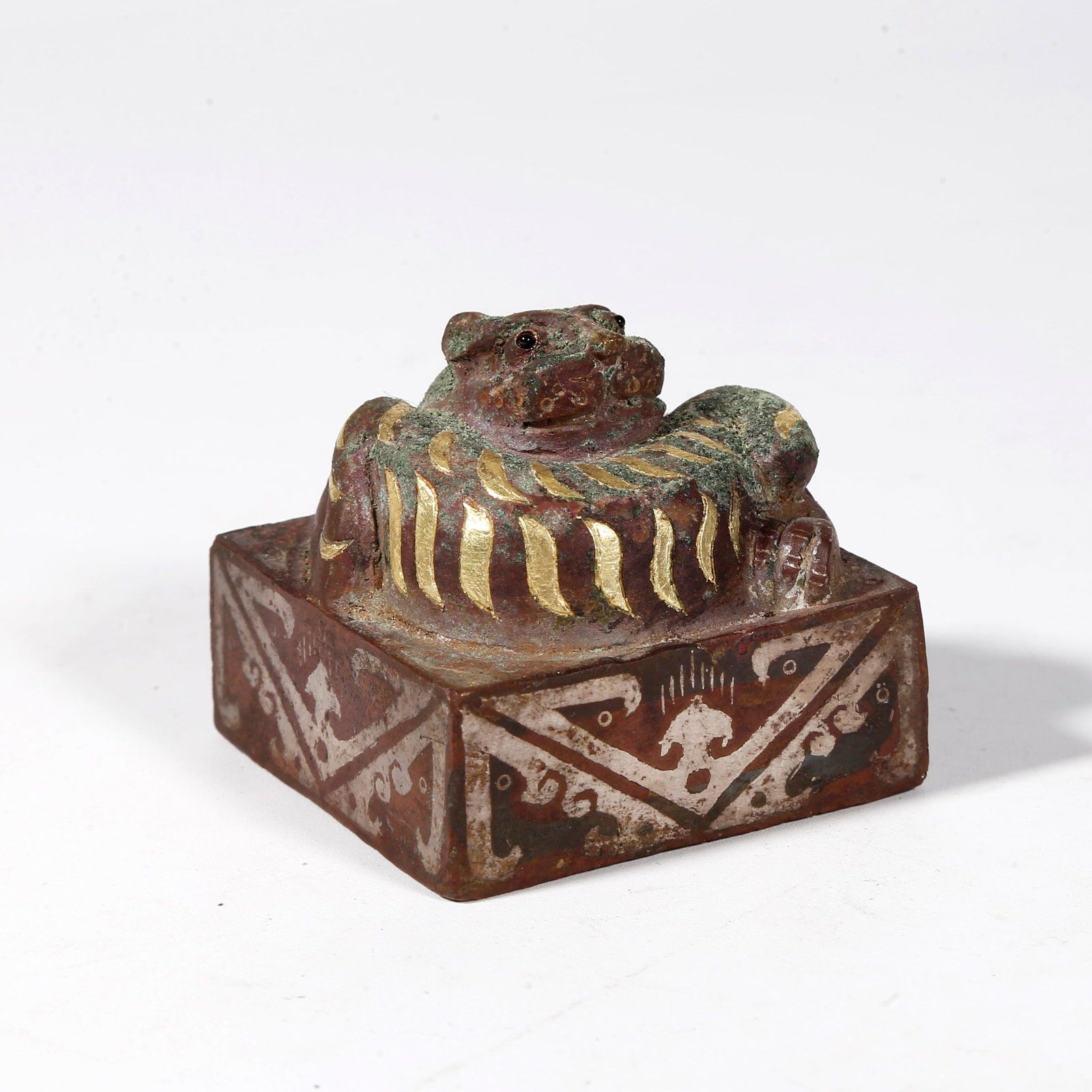 A BRONZE SEAL WITH BEAST KNOB INLAID WITH GOLD AND SILVER: Bronze Seal with Beast Knob Inlaid with Gold and Silver