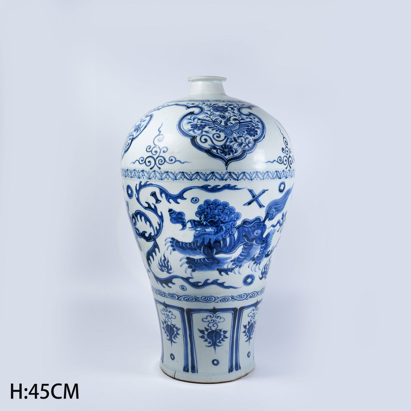 A LARGE PLUM VASE WITH BLUE AND WHITE LIONS PLAYING SILK BALL PATTERNS: Large Plum Vase with Blue and White Lions Playing Silk Ball Patterns