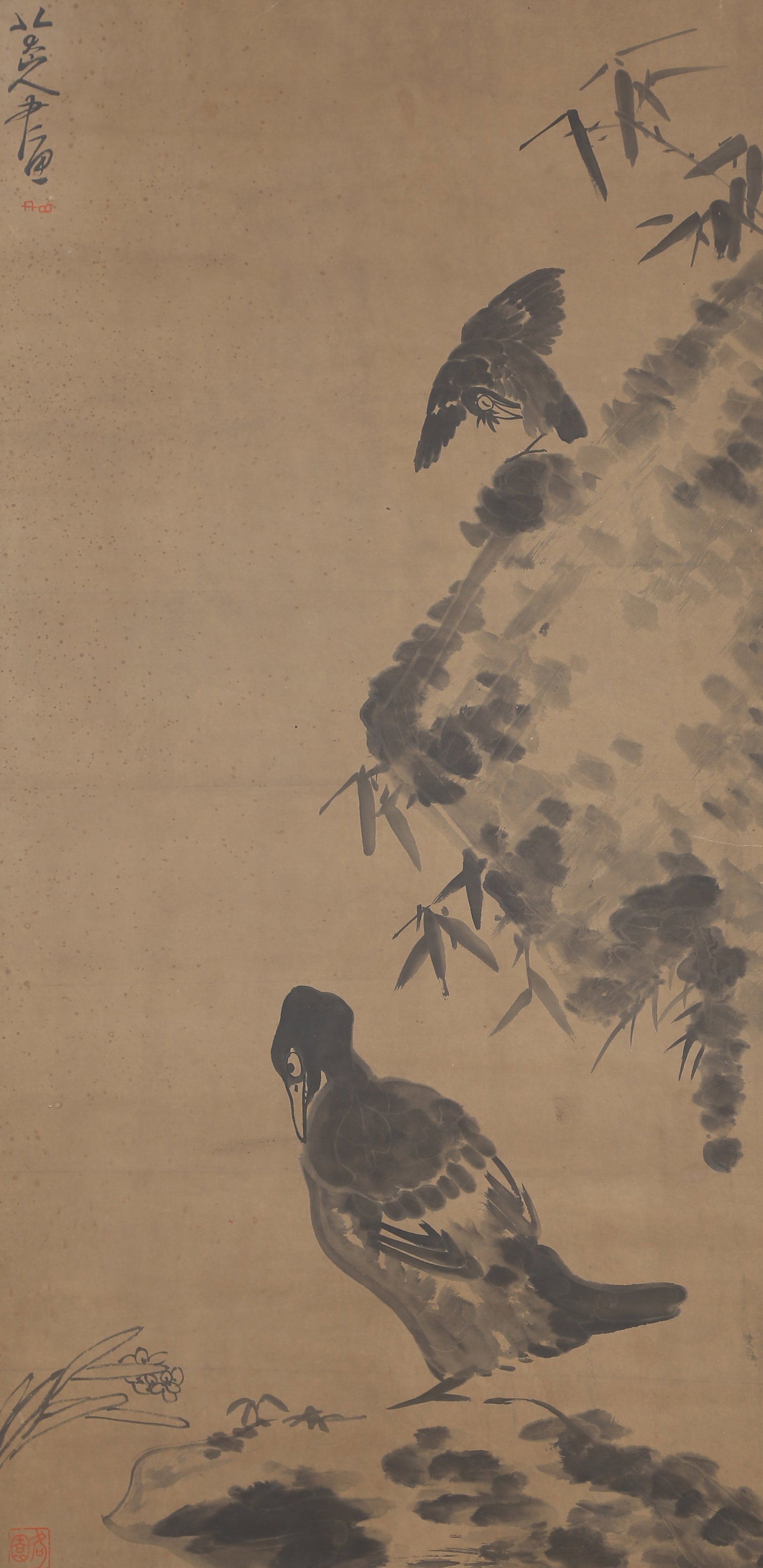 A DOUBLE BIRDS PAINTING ON PAPER BY BADA SHANREN.八大山人: Double Birds Painting on Paper by Bada Shanren.八大山人