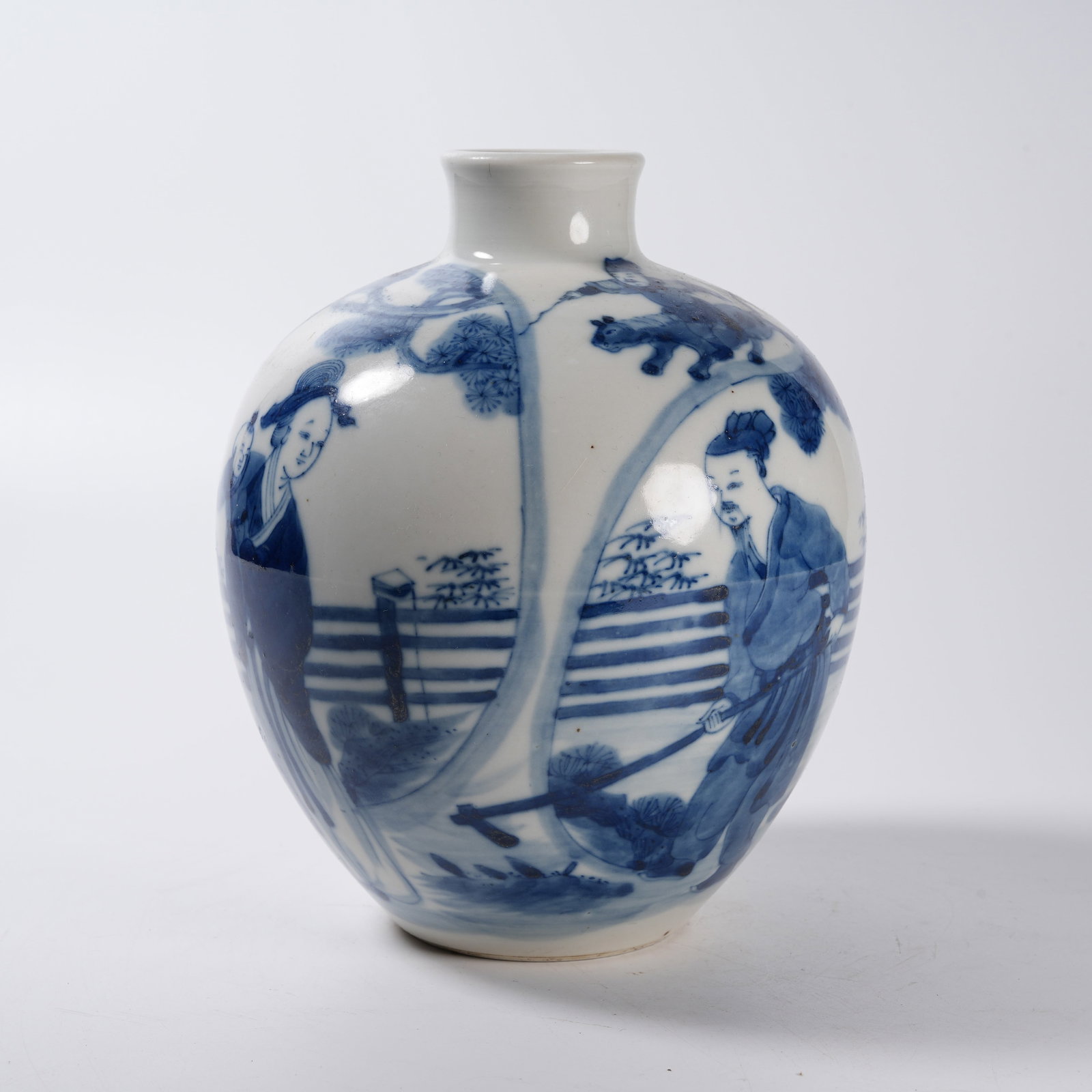 A BLUE AND WHITE VASE WITH SCENE OF WIFE ACCOMPANYING AND EDUCATING HUSBAND: Blue and White Vase with Scene of Wife Accompanying and Educating Husband