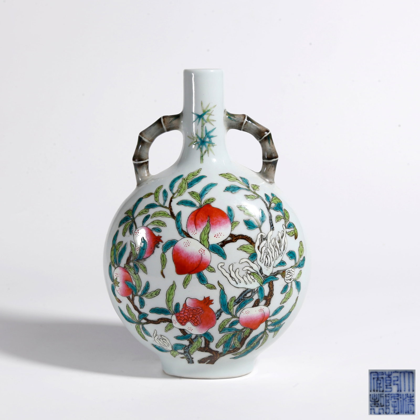 A FAMILLE ROSE FORTUNE, OFFICIAL RANK AND LONGEVITY PATTERN MOON FLASK: Famille Rose Fortune, Official Rank and Longevity Pattern Moon Flask