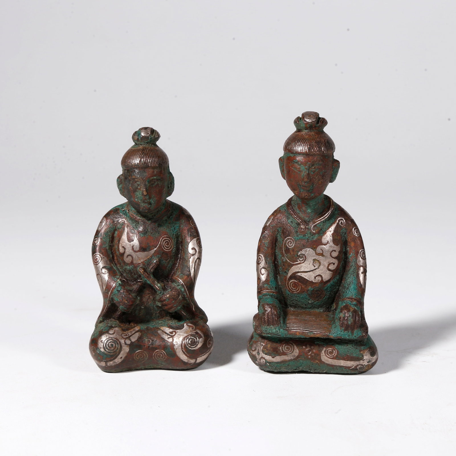 A BRONZE FIGURE ORNAMENT WITH SILVER INLAY (PAIR): Bronze Figure Ornament with Silver Inlay (Pair)