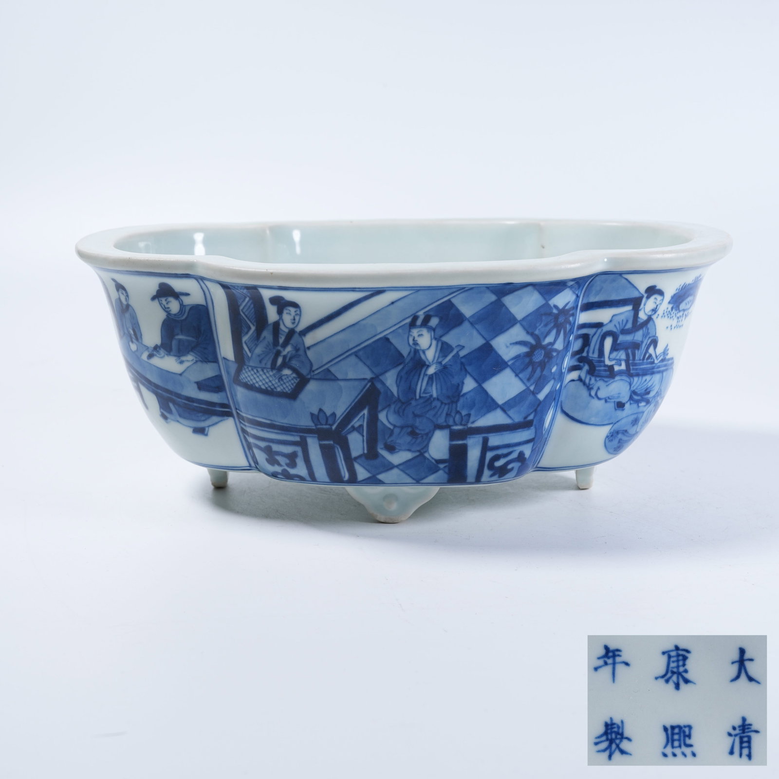 A NARCISSUS BASIN WITH BLUE AND WHITE NARRATIVE FIGURE DESIGNS: Narcissus Basin with Blue and White Narrative Figure Designs