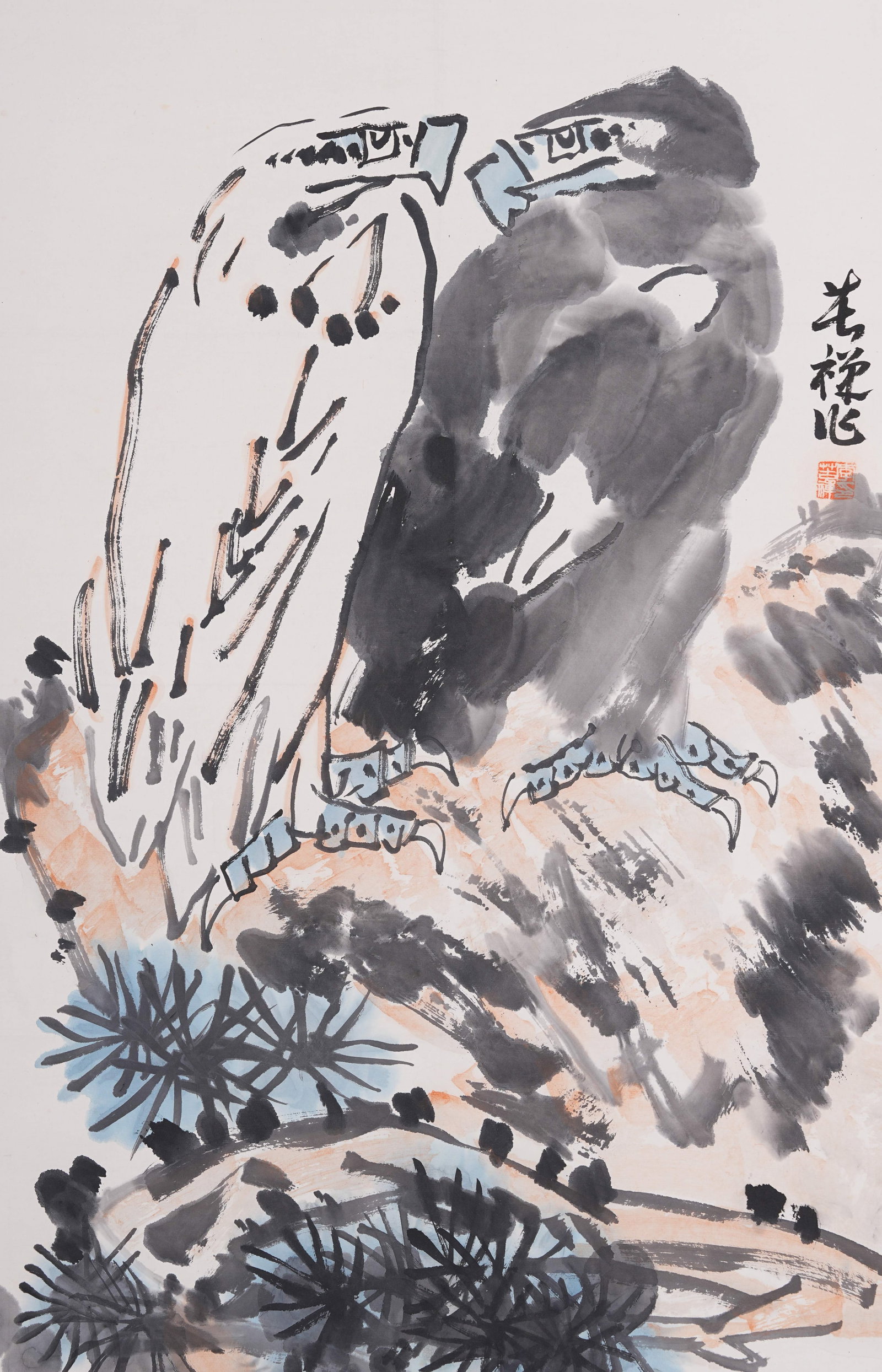 A PAIR OF EAGLES PAINTING ON PAPER BY LI KUCHAN.李苦禪: Pair of Eagles Painting on Paper by Li Kuchan.李苦禪