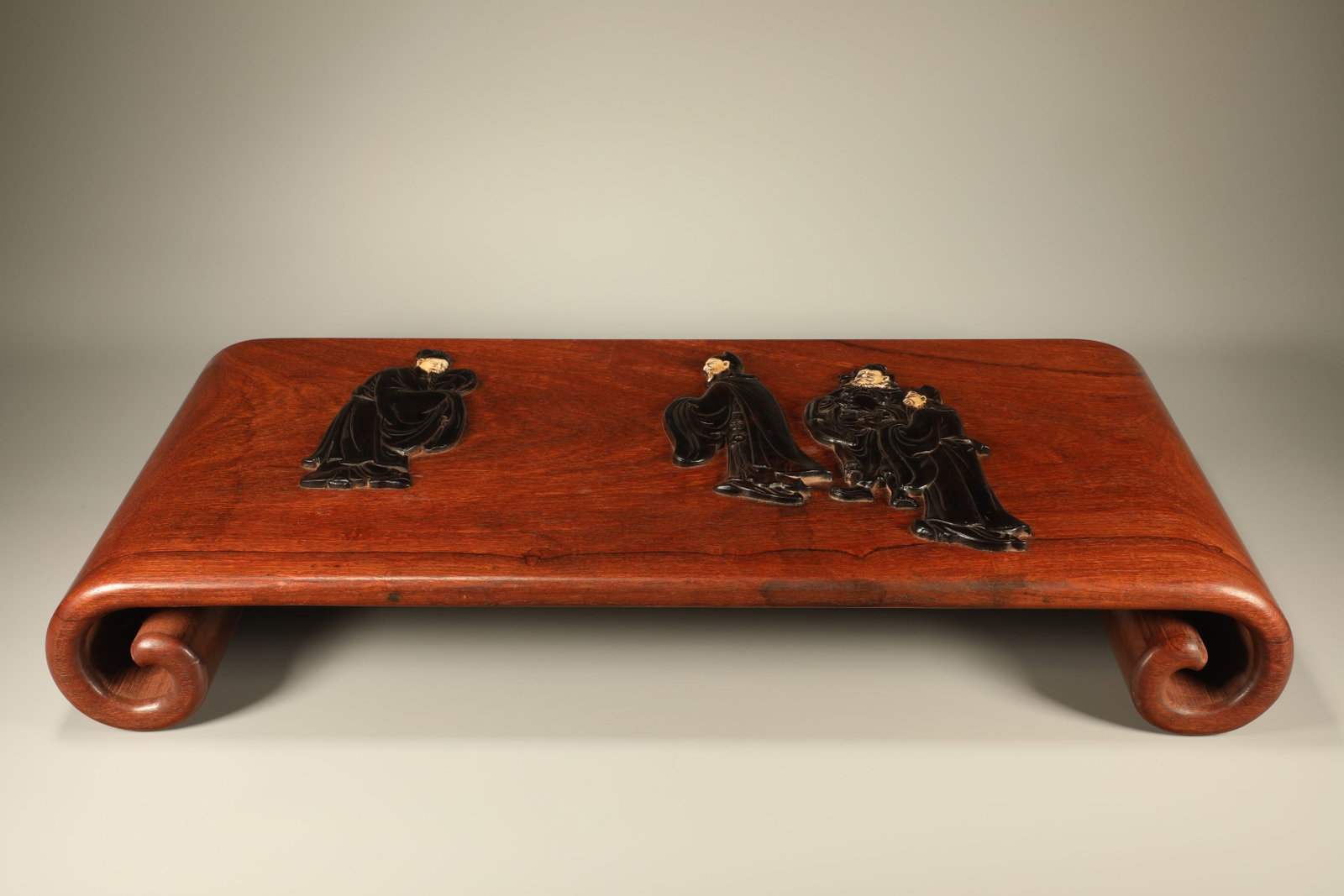 A HUANGHUALI WOOD TABLE INLAID WITH ZITAN CARVED "THREE VISITS TO THE COTTAGE" FIGURAL SCENE (1 of 7)