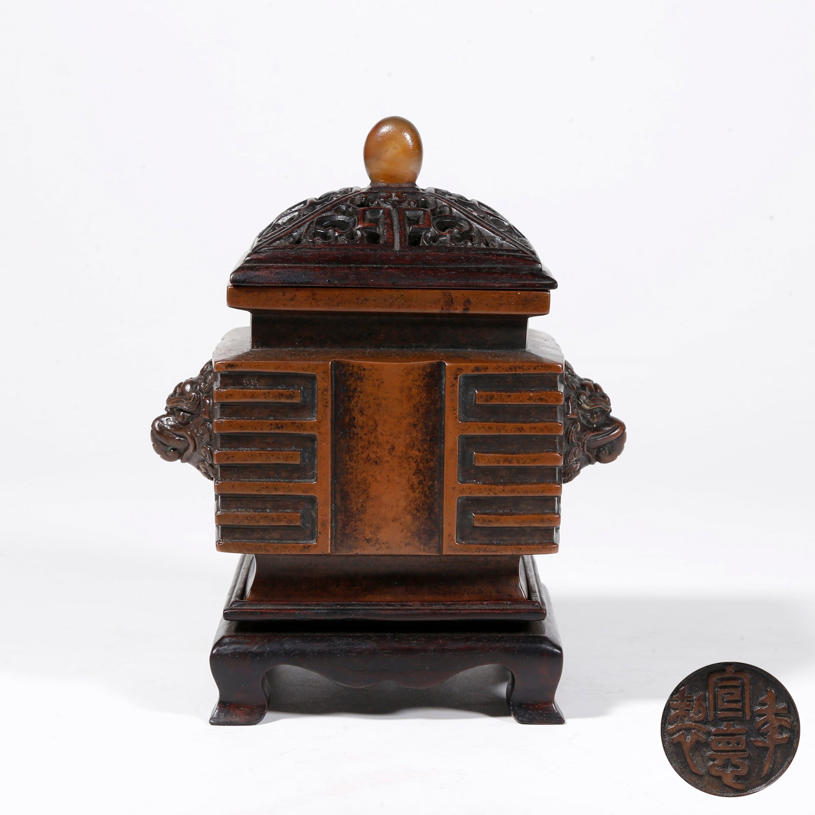 A BRONZE CARVED CONG-STYLE CENSER WITH DOUBLE BEAST EARS: Bronze Carved Cong-Style Censer with Double Beast Ears