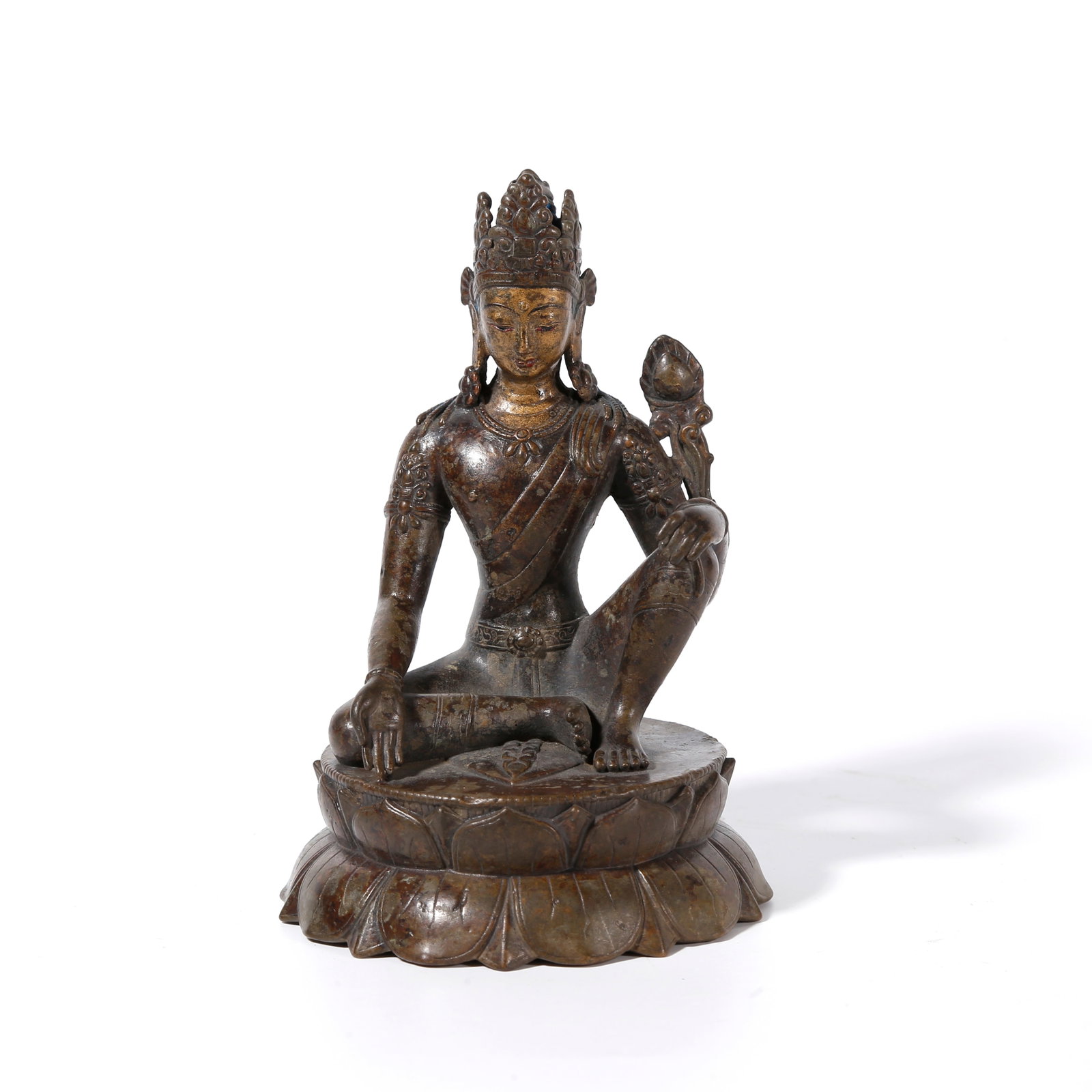 A PARTIALLY GILT BRONZE STATUE OF PADMAPANI GUANYIN: Partially Gilt Bronze Statue of Padmapani Guanyin