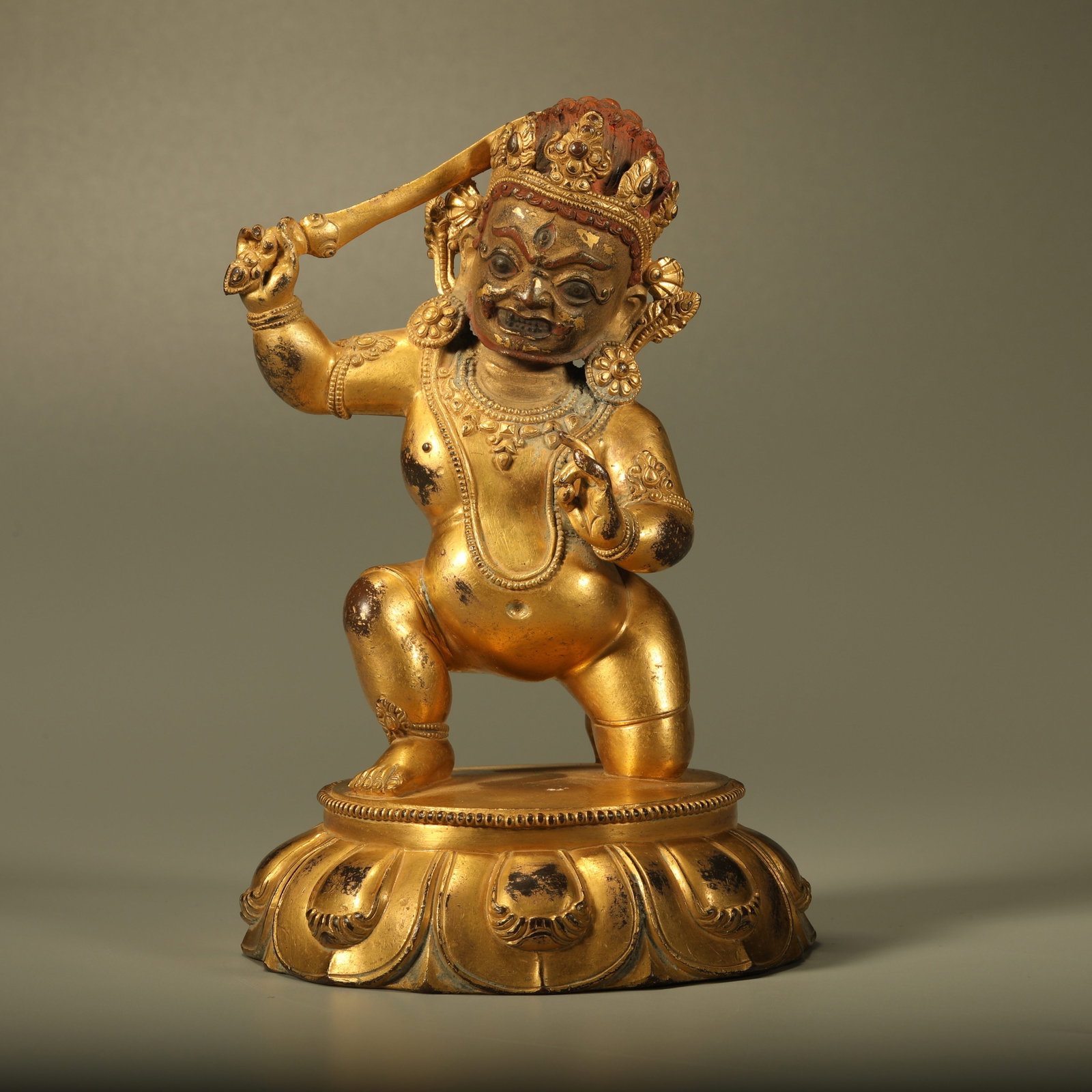A GILT BRONZE STATUE OF WRATHFUL MANJUSHRI BODHISATTVA: Gilt Bronze Statue of Wrathful Manjushri Bodhisattva