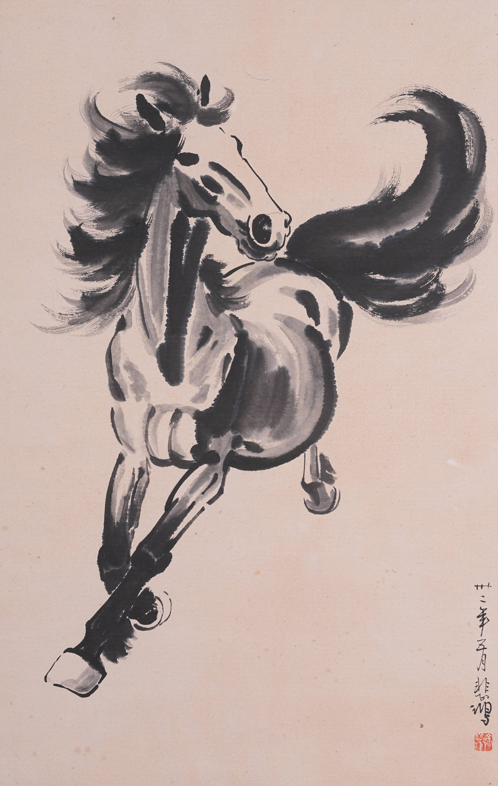 A GALLOPING HORSE PAINTING ON PAPER BY XU BEIHONG.徐悲鴻 (1 of 8)