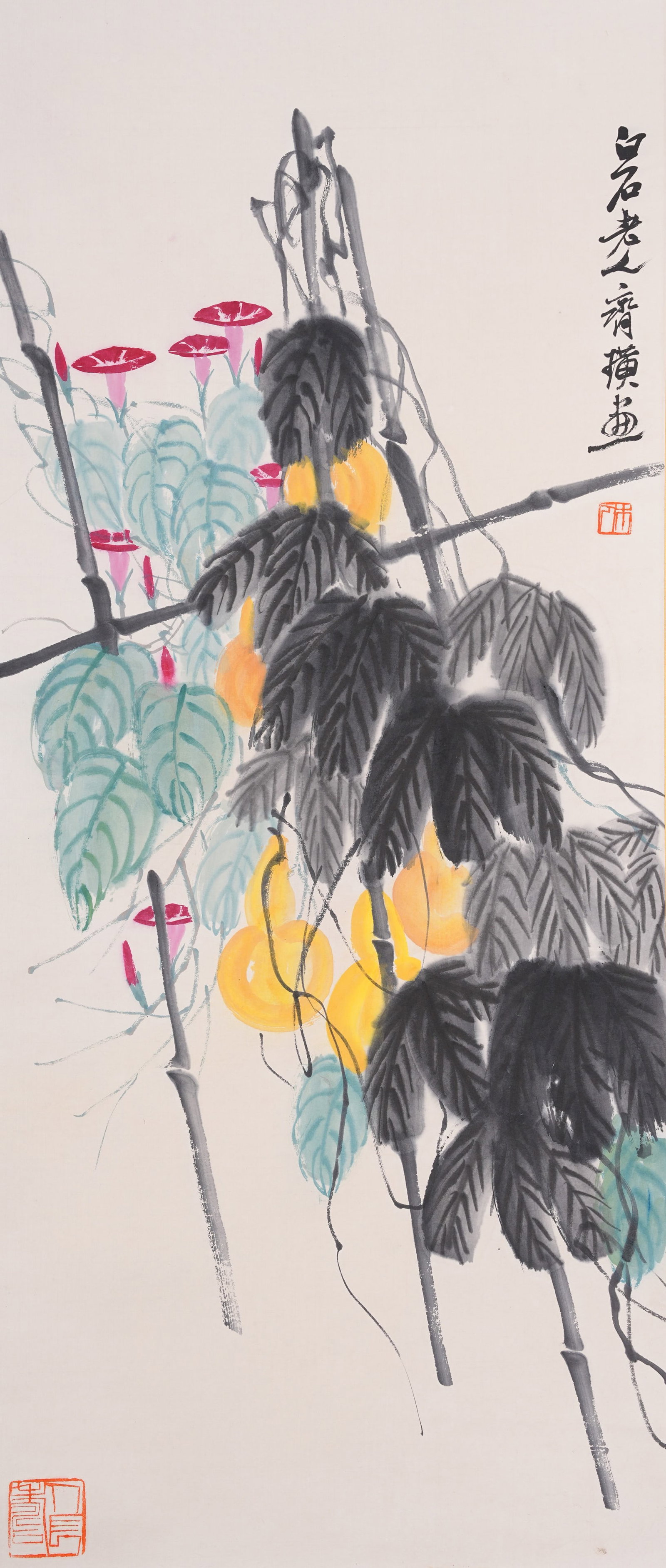 A FLOWER PAINTING ON PAPER BY QI BAISHI.齊白石: Flower Painting on Paper by Qi Baishi.齊白石