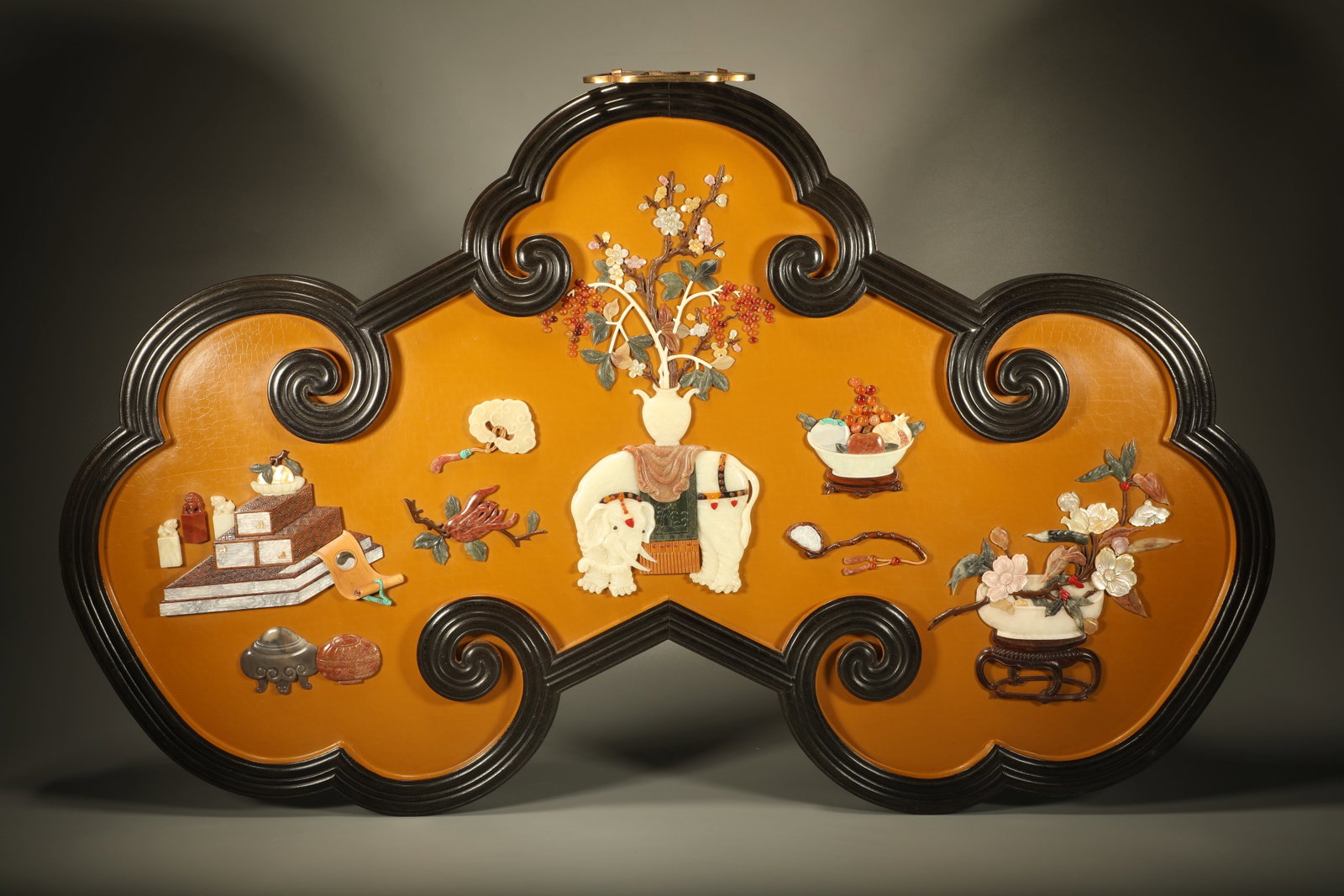 A ZITAN WOOD LACQUER HANGING SCREEN WITH PRECIOUS STONE INLAY "PEACE WITH ELEPHANT" (1 of 9)