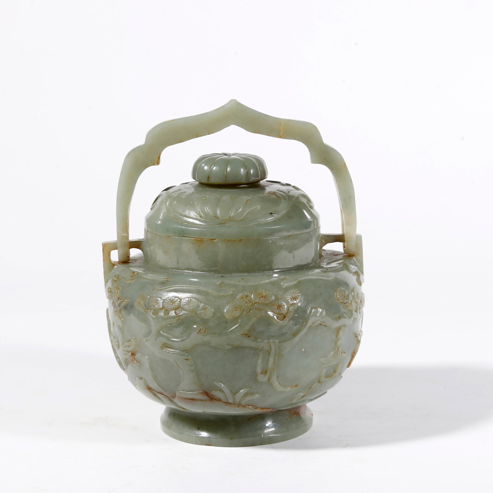 A HETIAN JADE LIDDED JAR WITH BAIL HANDLE CARVED WITH FIGURE PATTERN (1 of 9)
