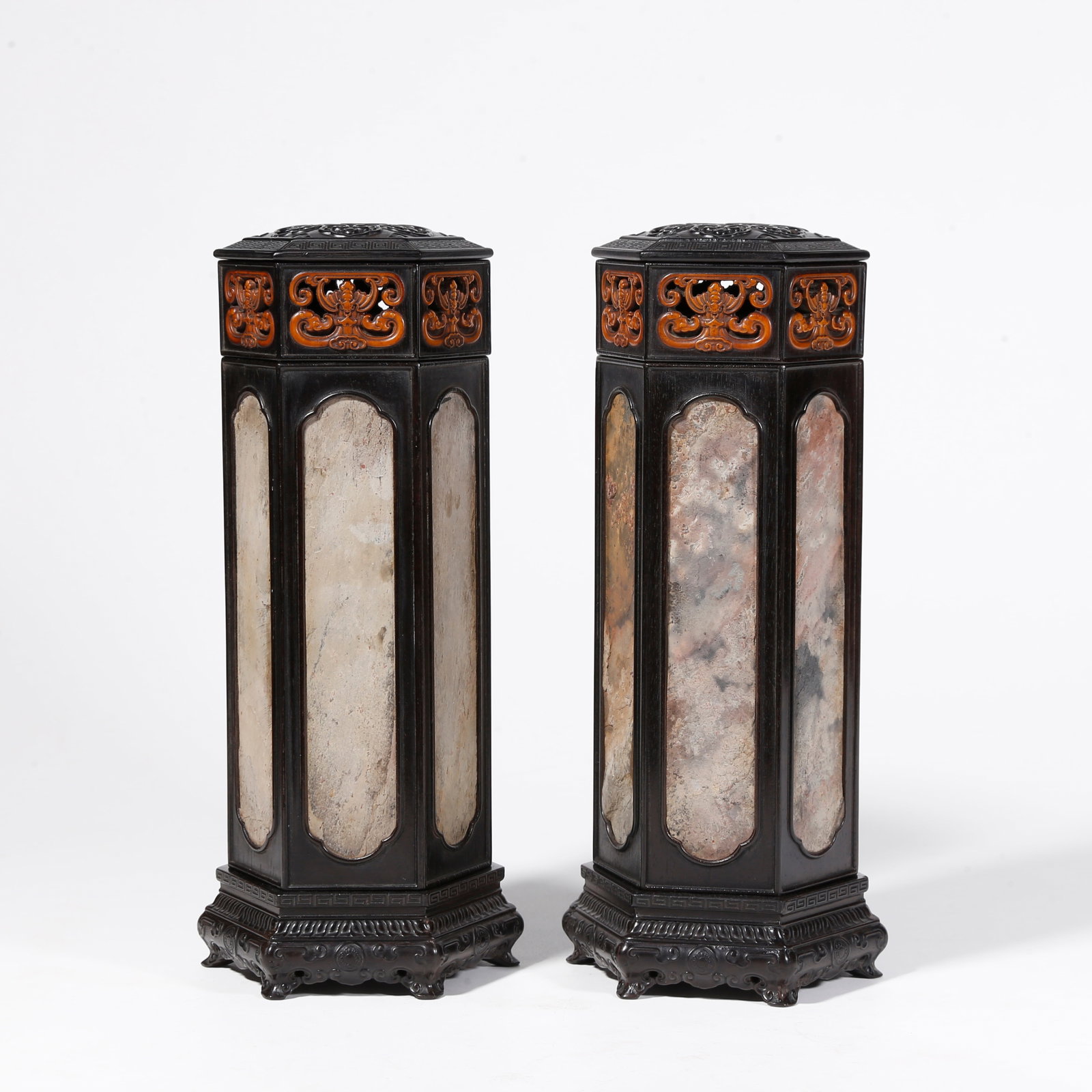 A RED SANDALWOOD INLAID STONE LAMP STANDS (PAIR) (1 of 9)