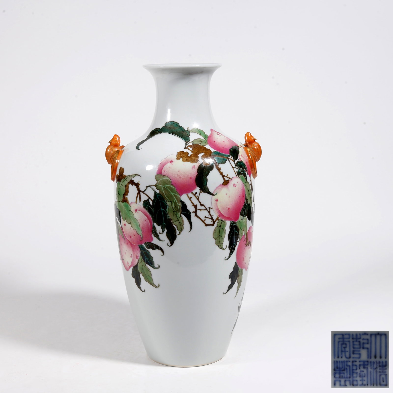 A FAMILLE ROSE TWO-EARED VASE WITH FORTUNE AND LONGEVITY PATTERN: Famille Rose Two-Eared Vase with Fortune and Longevity Pattern