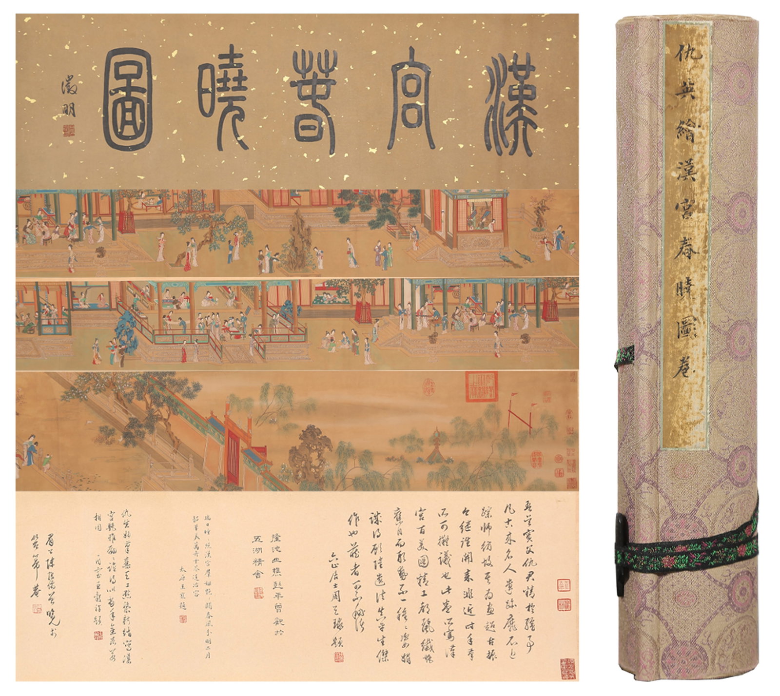 A SPRING MORNING IN THE HAN PALACE HANDSCROLL PAINTING ON SILK BY QIU YING.仇英: Spring Morning in the Han Palace Handscroll Painting on Silk by Qiu Ying.仇英