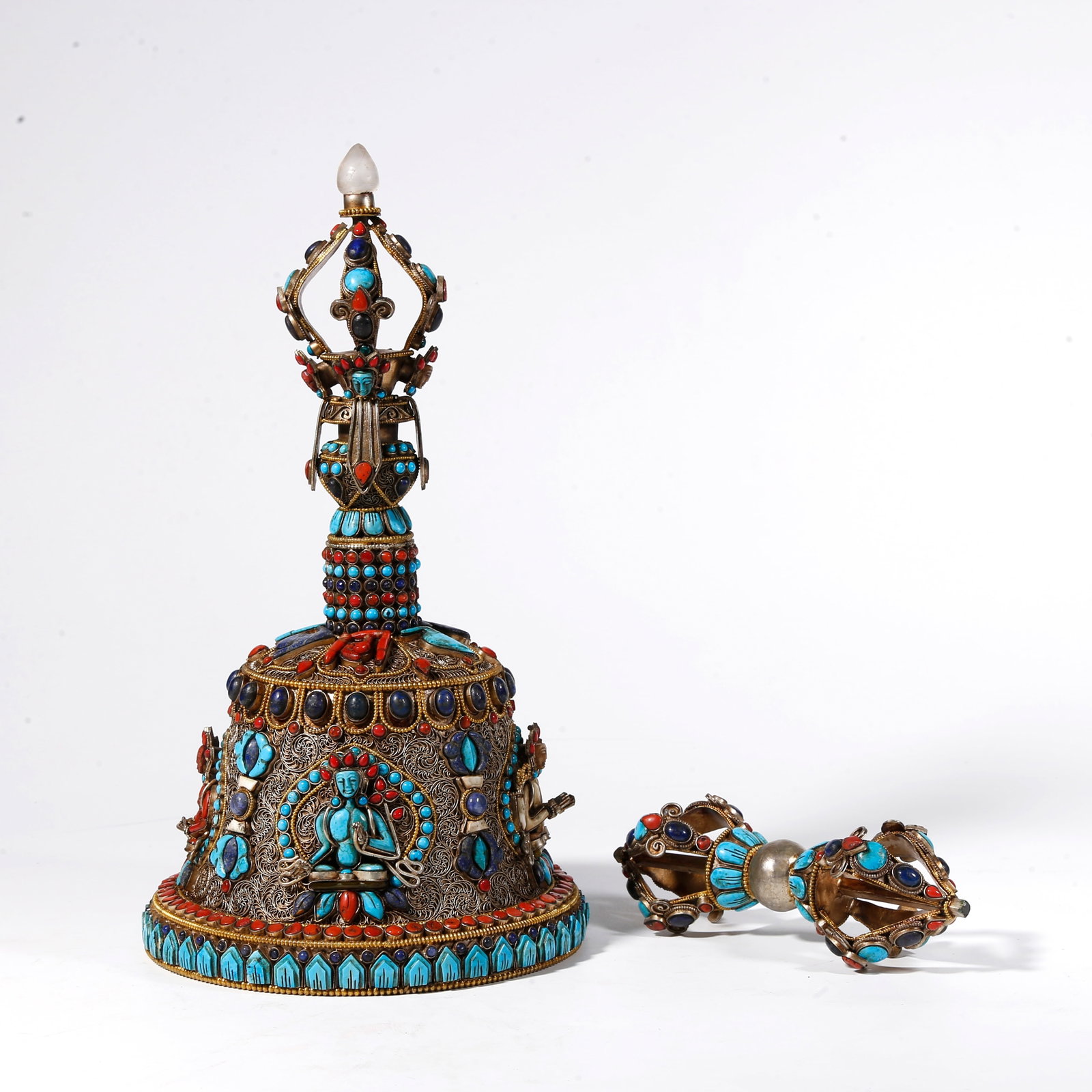 A FILIGREE BRONZE BELL AND VAJRA INLAID WITH GEMS (SET): Filigree Bronze Bell and Vajra Inlaid with Gems (Set)