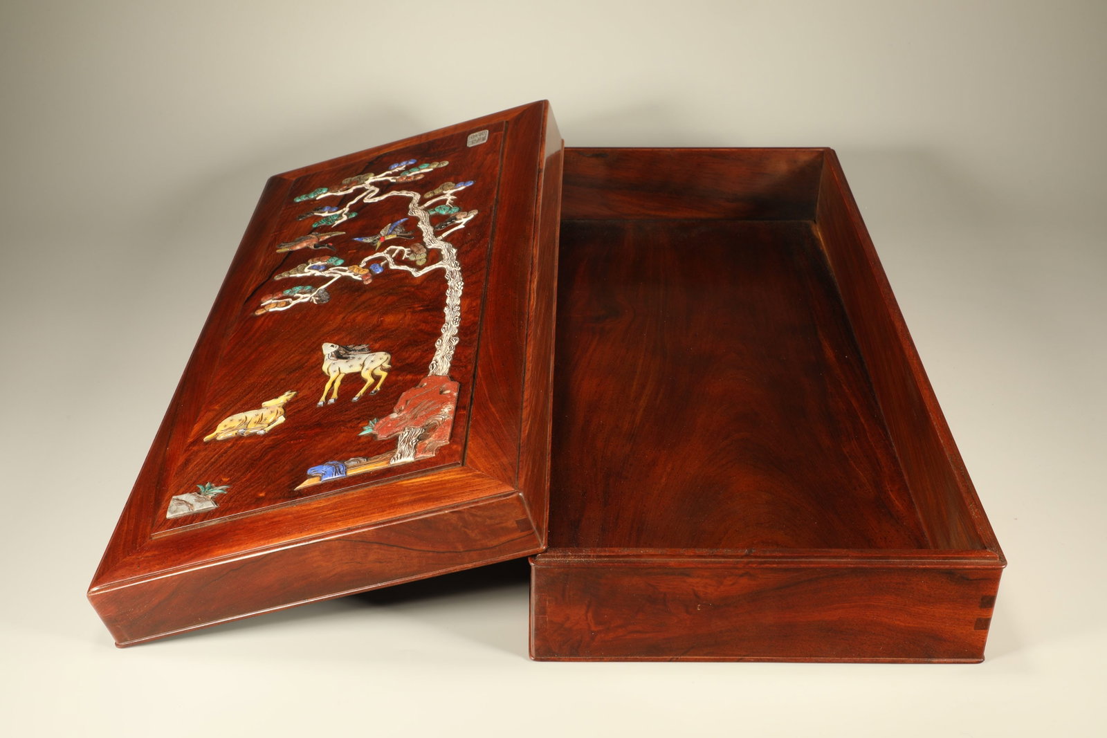 A HUANGHUALI WOOD COVERED BOX WITH PRECIOUS STONE INLAY "CRANES AND DEER IN SPRING" (1 of 7)