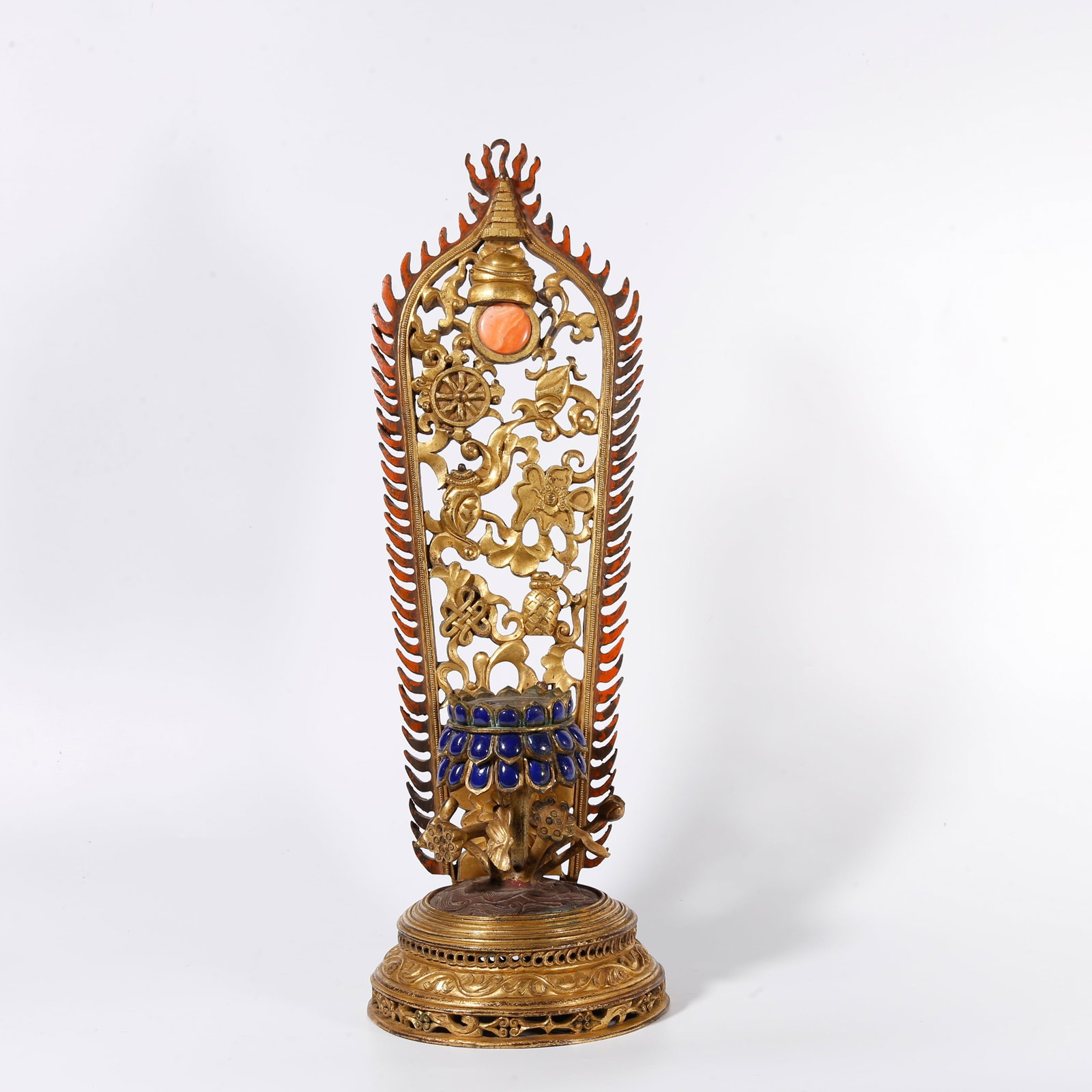A GILT BRONZE BASE WITH JEWEL-INLAID MANDORLA: Gilt Bronze Base with Jewel-Inlaid Mandorla