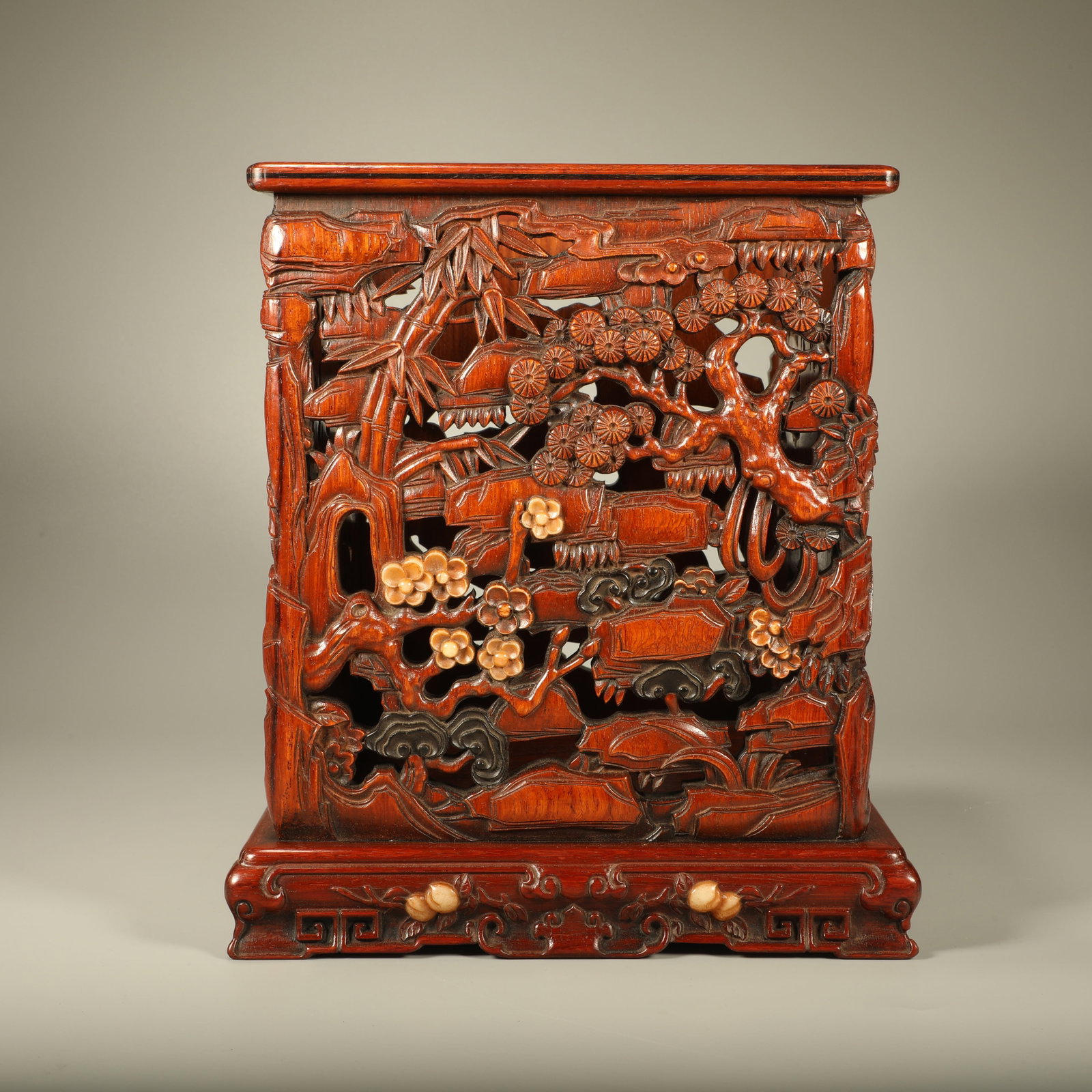 A HUANGHUALI WOOD BRUSH POT INLAID WITH SHOUSHAN STONE CARVING "PINE, BAMBOO AND PLUM": Huanghuali Wood Brush Pot Inlaid with Shoushan Stone Carving "Pine, Bamboo and Plum"
