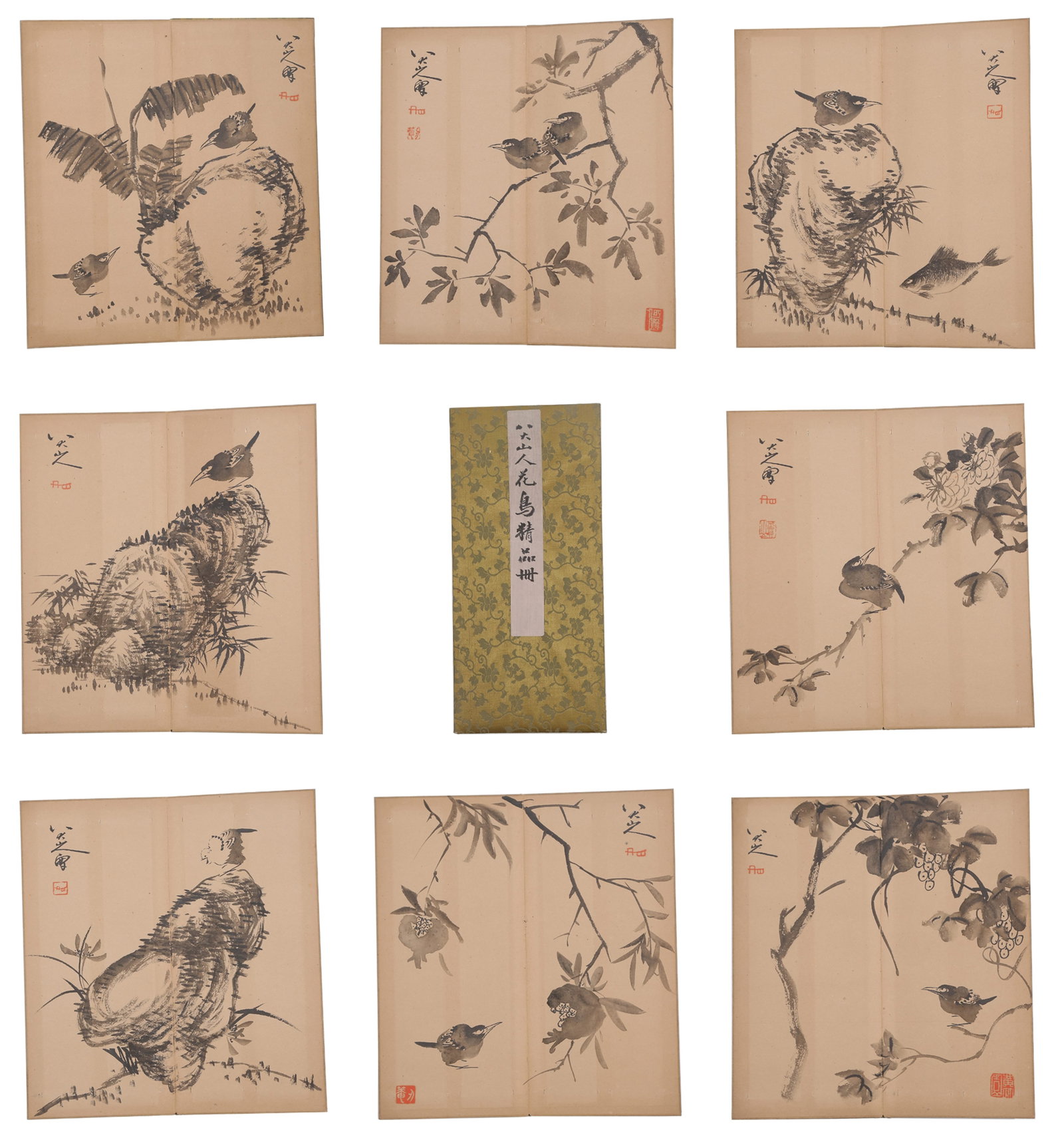 A FLOWER AND BIRD PAINTINGS ALBUM LEAVES ON PAPER BY BADA SHANREN (13 LEAVES).八大: Flower and Bird Paintings Album Leaves on Paper by Bada Shanren (13 leaves).八大山人