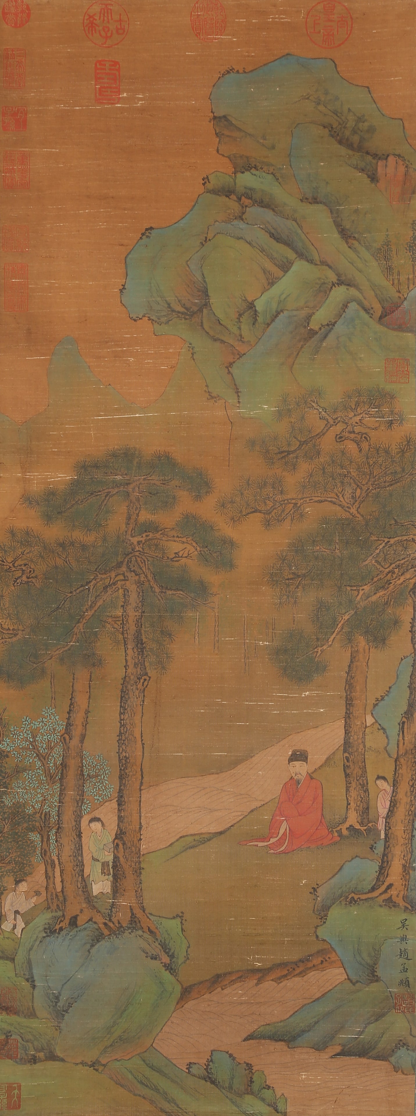 A LANDSCAPE AND FIGURE PAINTING ON SILK BY ZHAO MENGFU.趙孟頫: Landscape and Figure Painting on Silk by Zhao Mengfu.趙孟頫