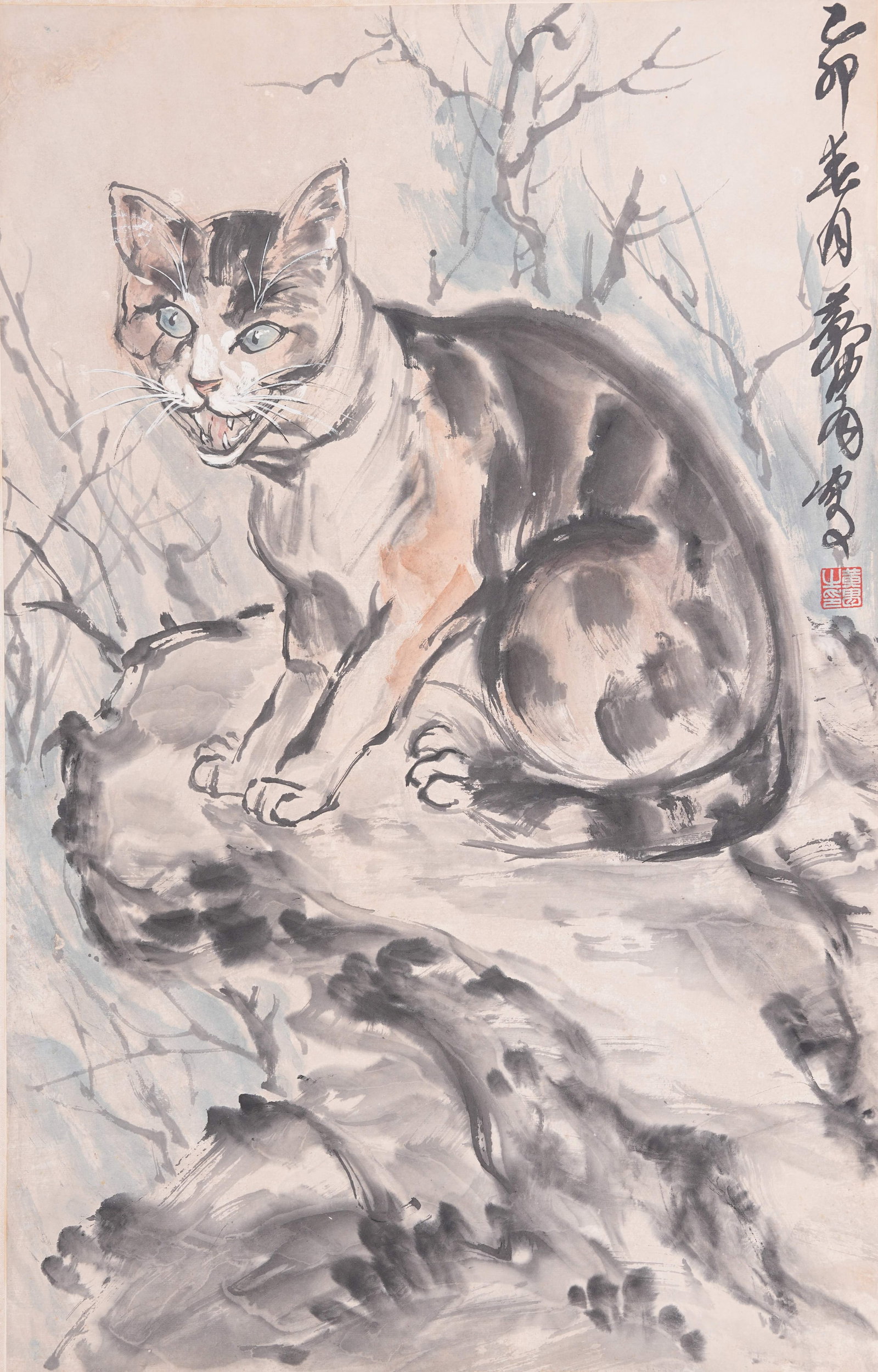 A CAT PAINTING ON PAPER BY HUANG ZHOU.黃胄: Cat Painting on Paper by Huang Zhou.黃胄