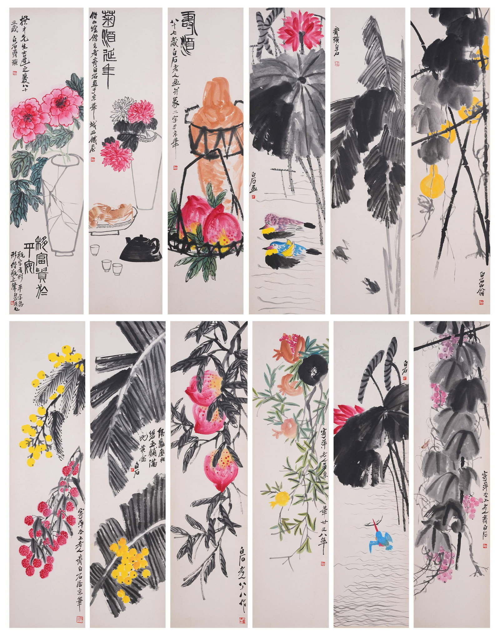 A FLOWER, BIRD, FRUIT AND MELON PAINTING ON PAPER BY QI BAISHI (TWELVE PIECES).齊白: Flower, Bird, Fruit and Melon Painting on Paper by Qi Baishi (Twelve Pieces).齊白石