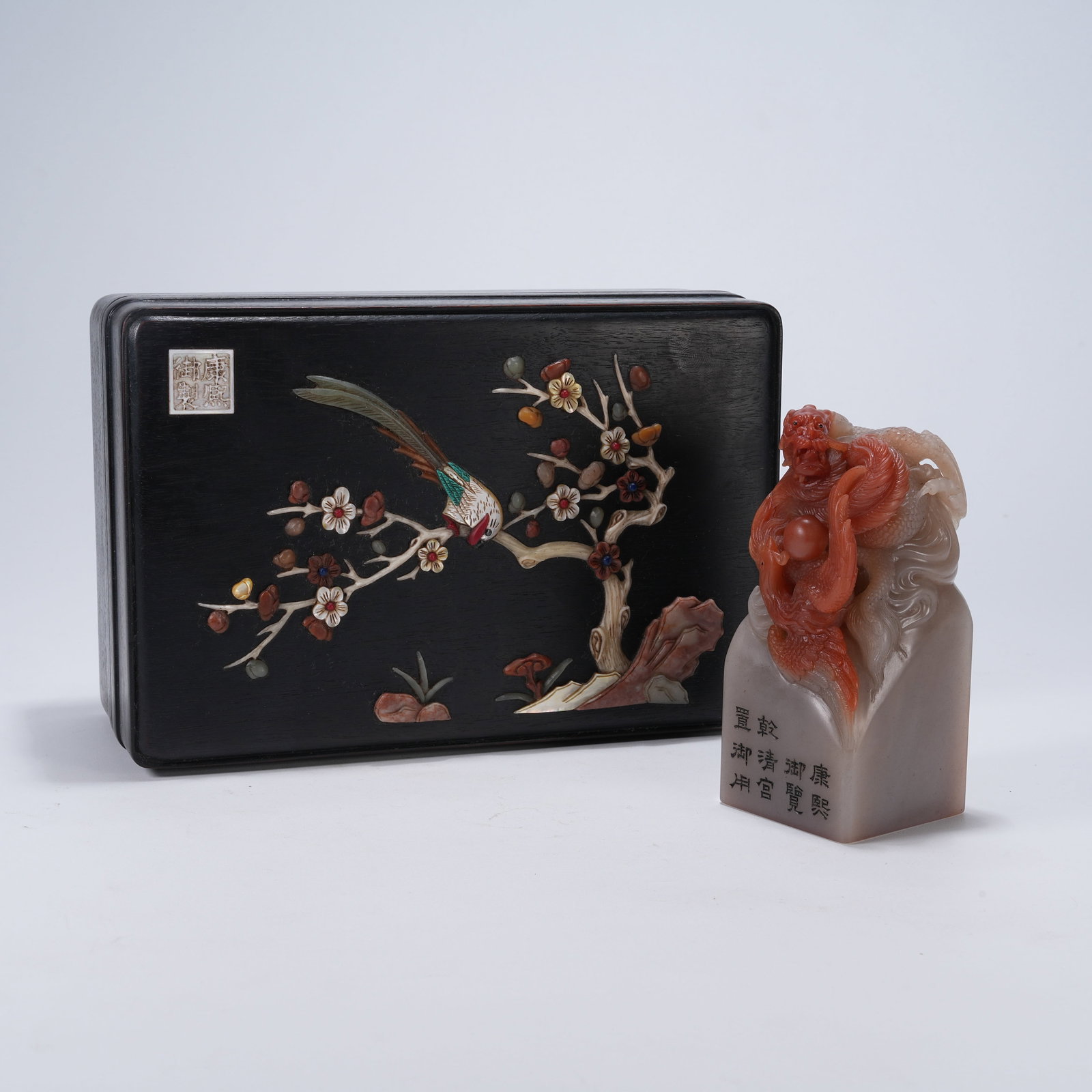A SHOUSHAN STONE SEAL WITH DRAGON KNOB: Shoushan Stone Seal with Dragon Knob